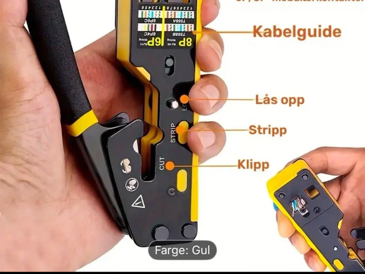 Tang med klipper for gjennomgående rj45 nettverksplugg
