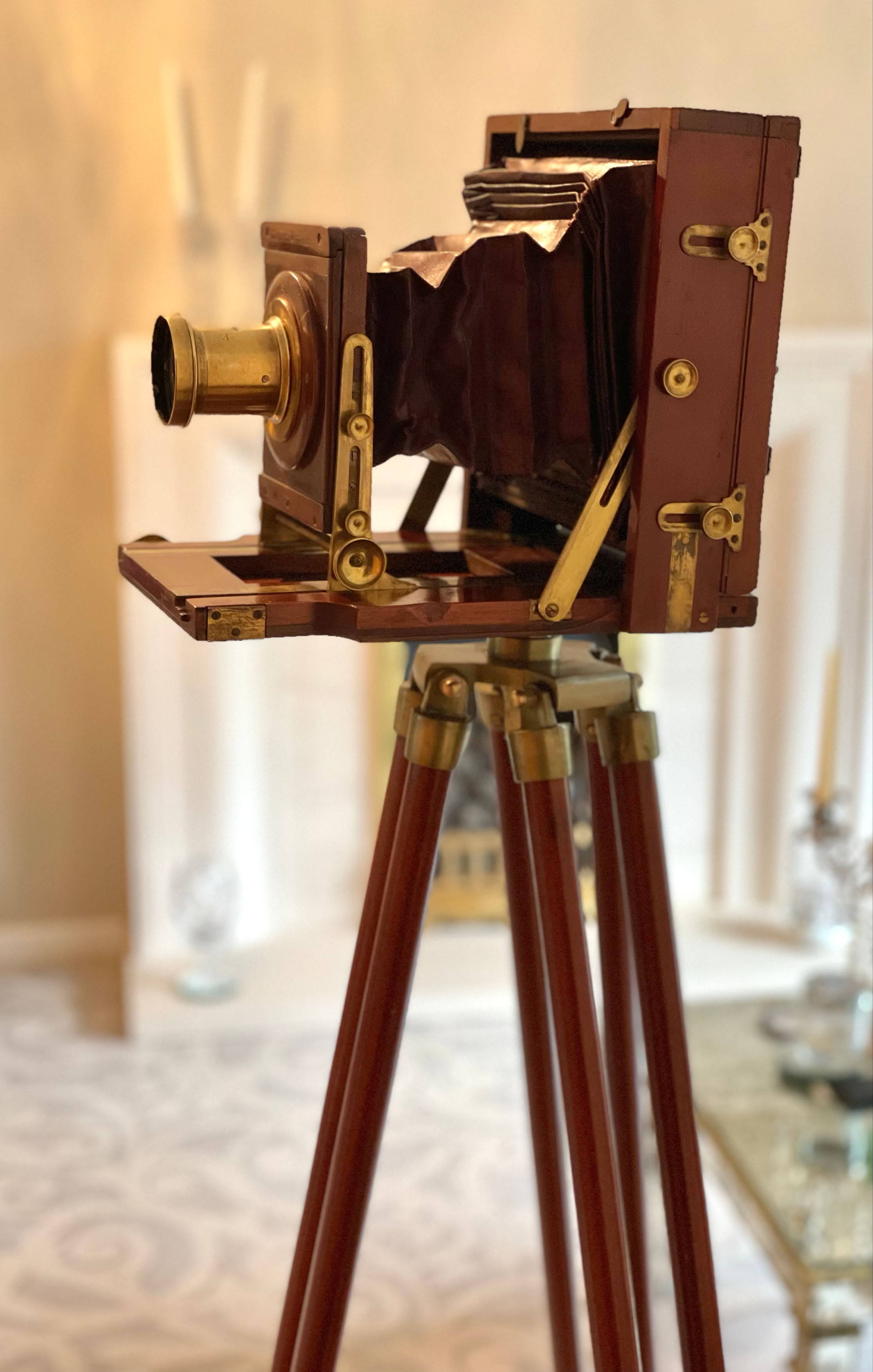 Mahogany wooden plate camera and wooden tripod with lens and dark slides