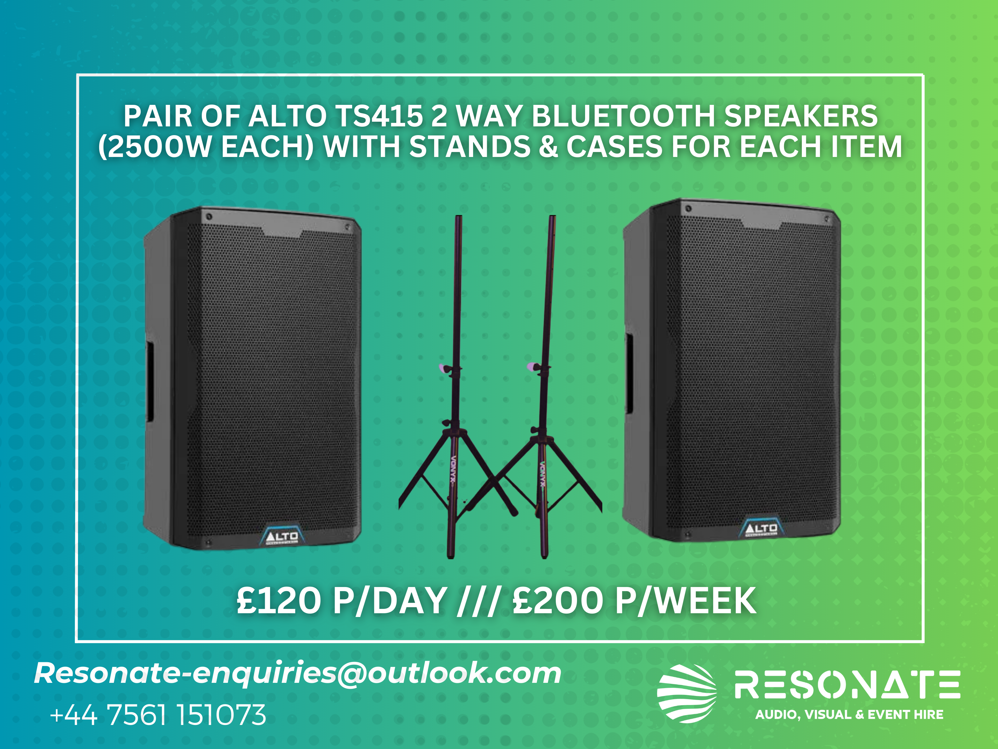 Pair of alto ts415 2 way bluetooth speakers (2500w each) with stands & cases for each item