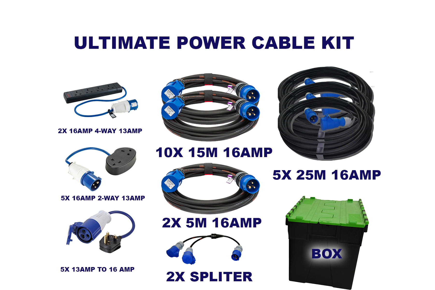 Ultimate power extension cable reels 13amp 16amp jumpers 4-way 32amp