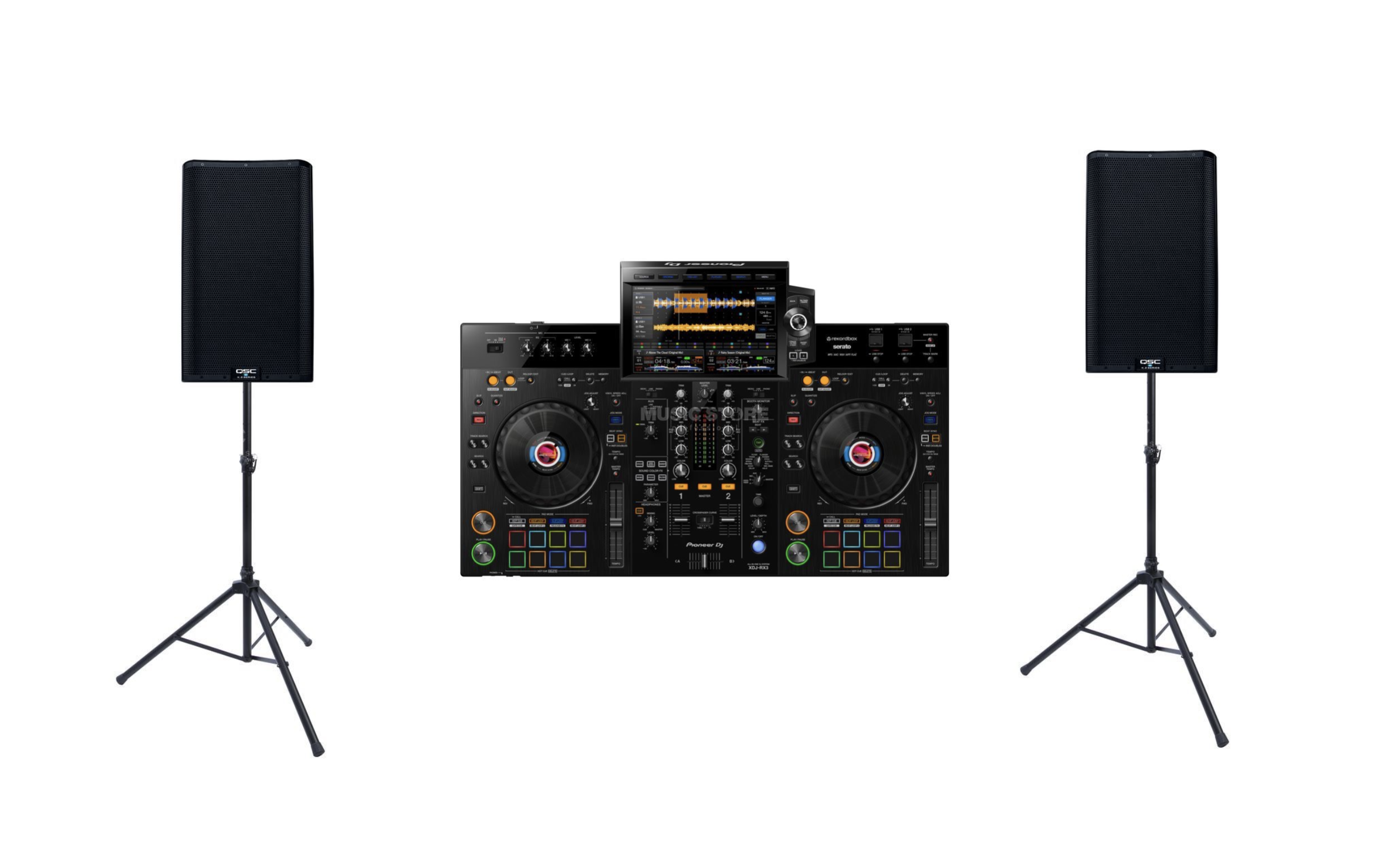 4000w dj package 1x cdj usb laptop serato deck 2x active speakers with stands ( qsc k12.2 + pioneer dj xdj rx3)