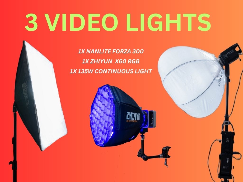 3x video lights for cinematic set-up-  nanlite forza 300, zhiyun x60 rgb video light and 135w continuous light