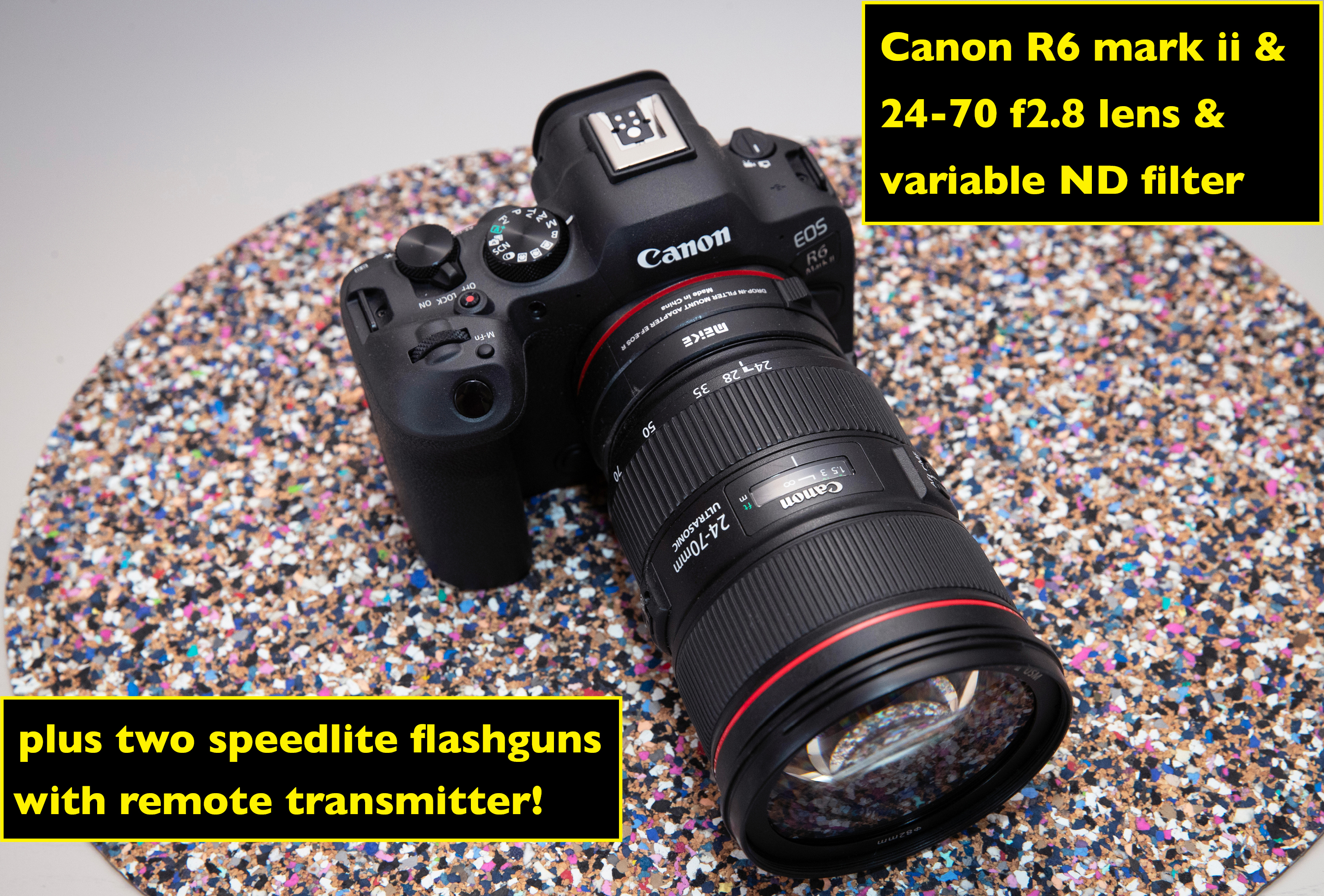 Canon r6 mark ii with 24-70 f2.8 lens, adapter, speedlite flashes and transmitter