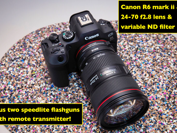 Canon r6 mark ii with 24-70 f2.8 lens, adapter, speedlite flashes and transmitter