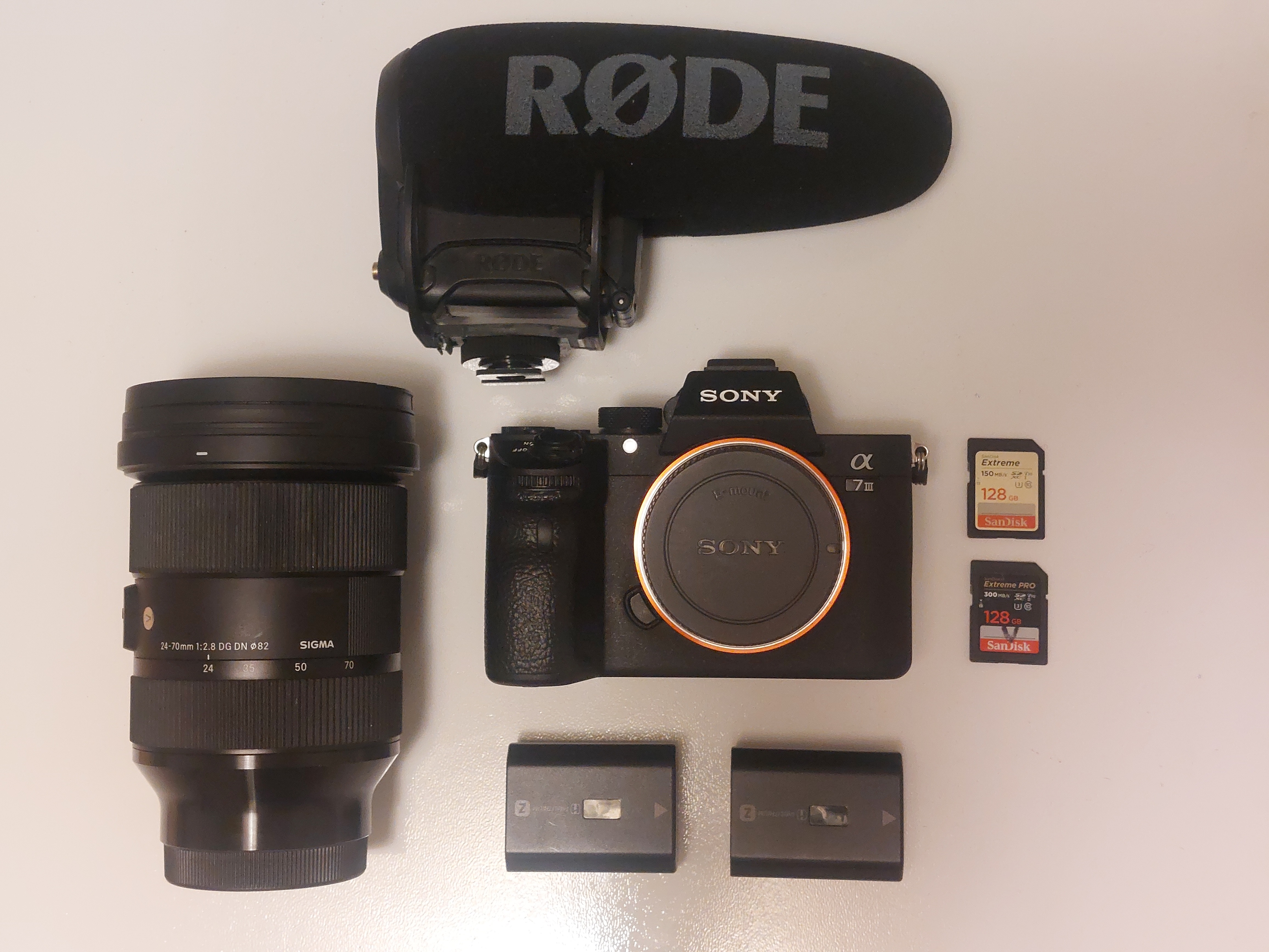 Sony a7iii + sigma 24 - 70 f2.8  + rode videomic pro +
