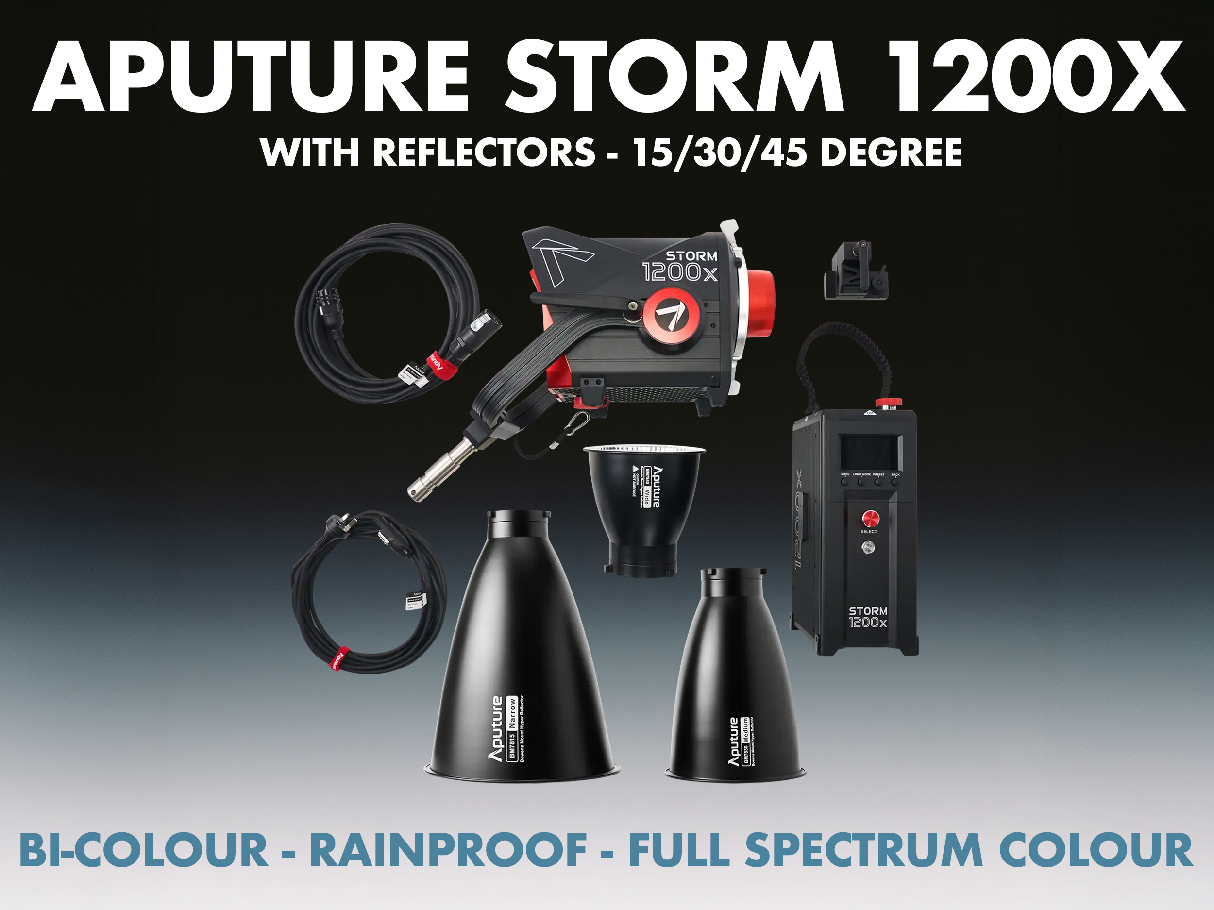 Aputure storm 1200x light (1200w) + 45º/30º/15º reflectors