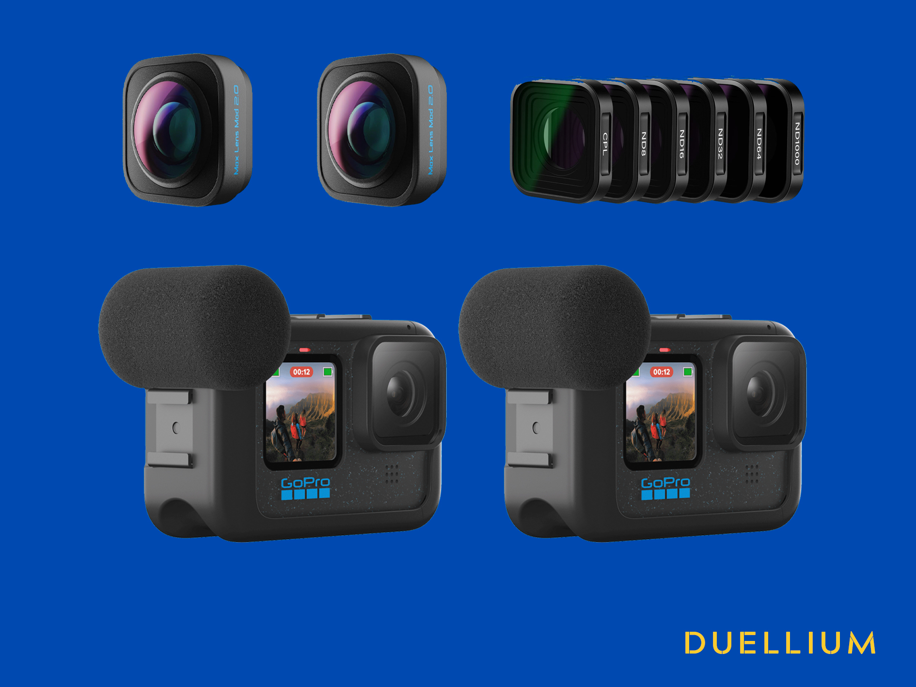 2x gopro hero 12 + mediamod + max lens mod 2.0 + nd filters