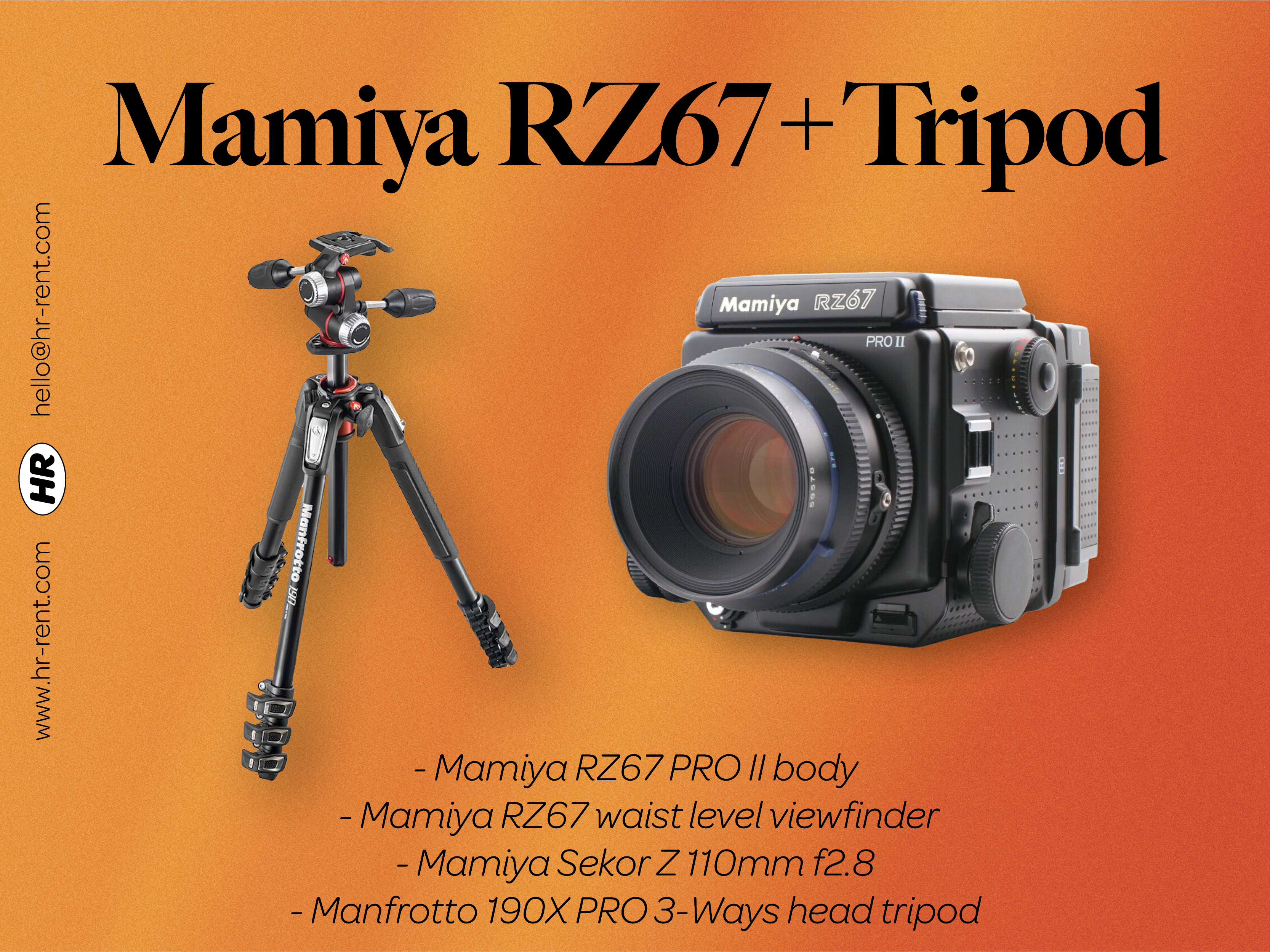 Mamiya rz67 pro ii body + sekor z 110mm f2.8 lens + manfrotto tripod