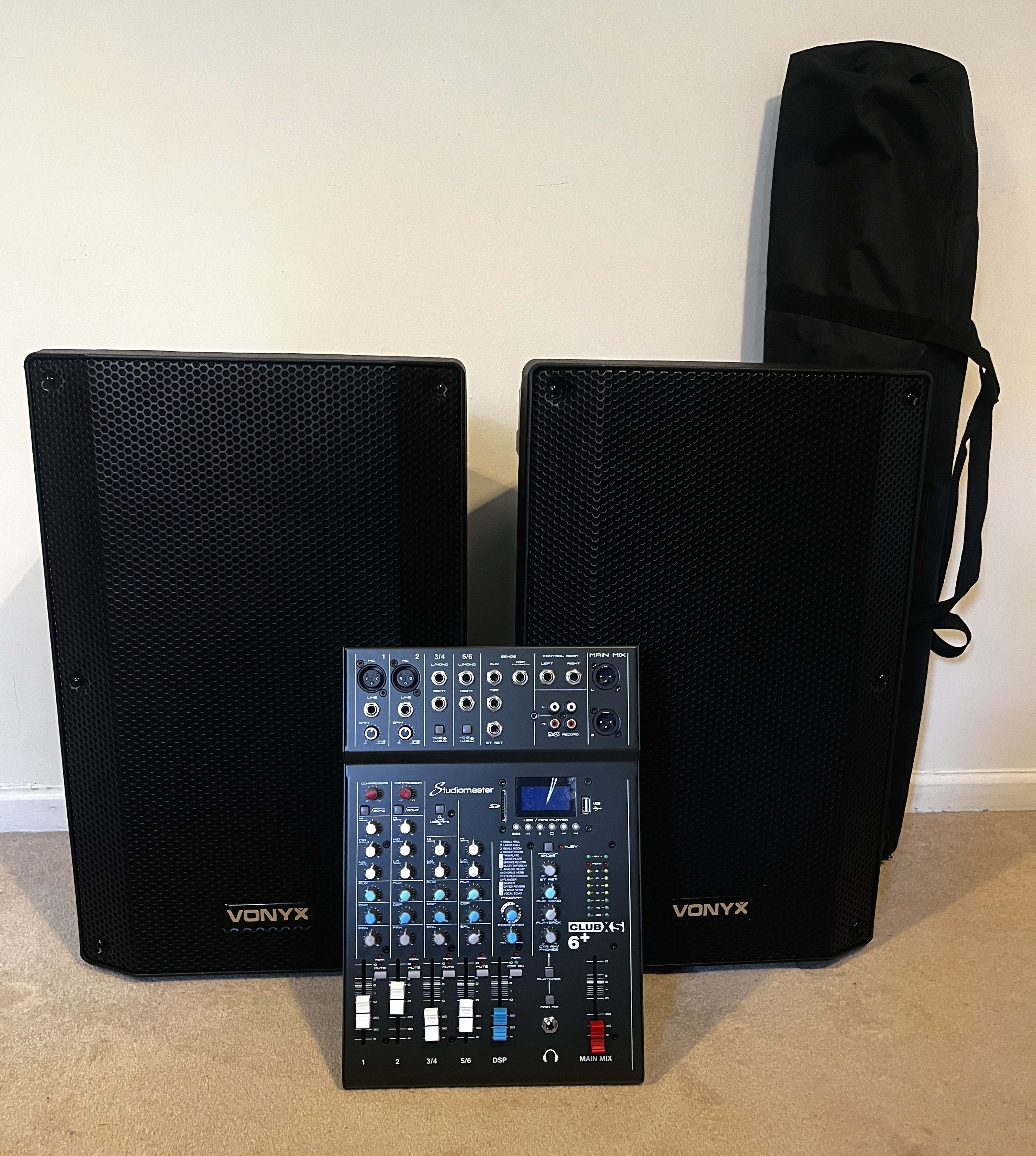 Complete pa system package - vonyx vsa120s 12", xs6 mixer, bags, mic & stands