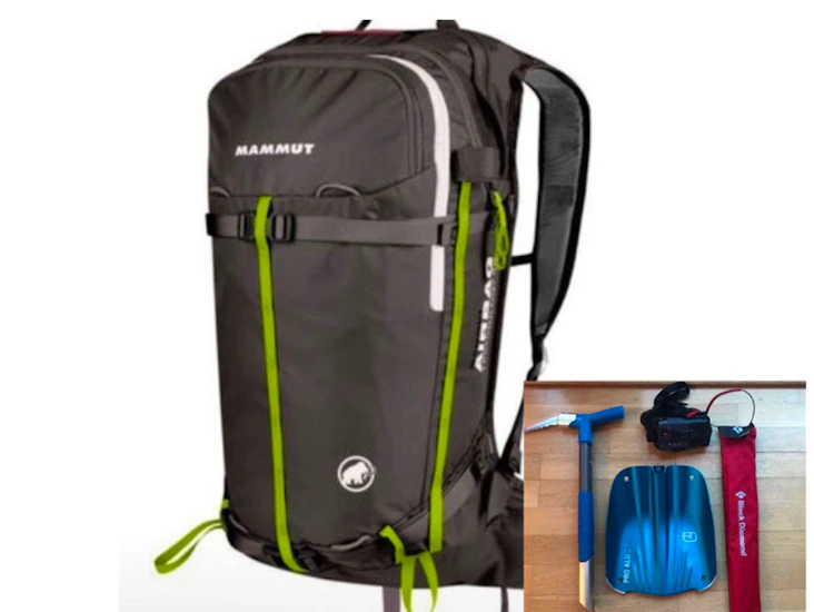 Lätt lavinryggsäck, -sändare, sond och spade