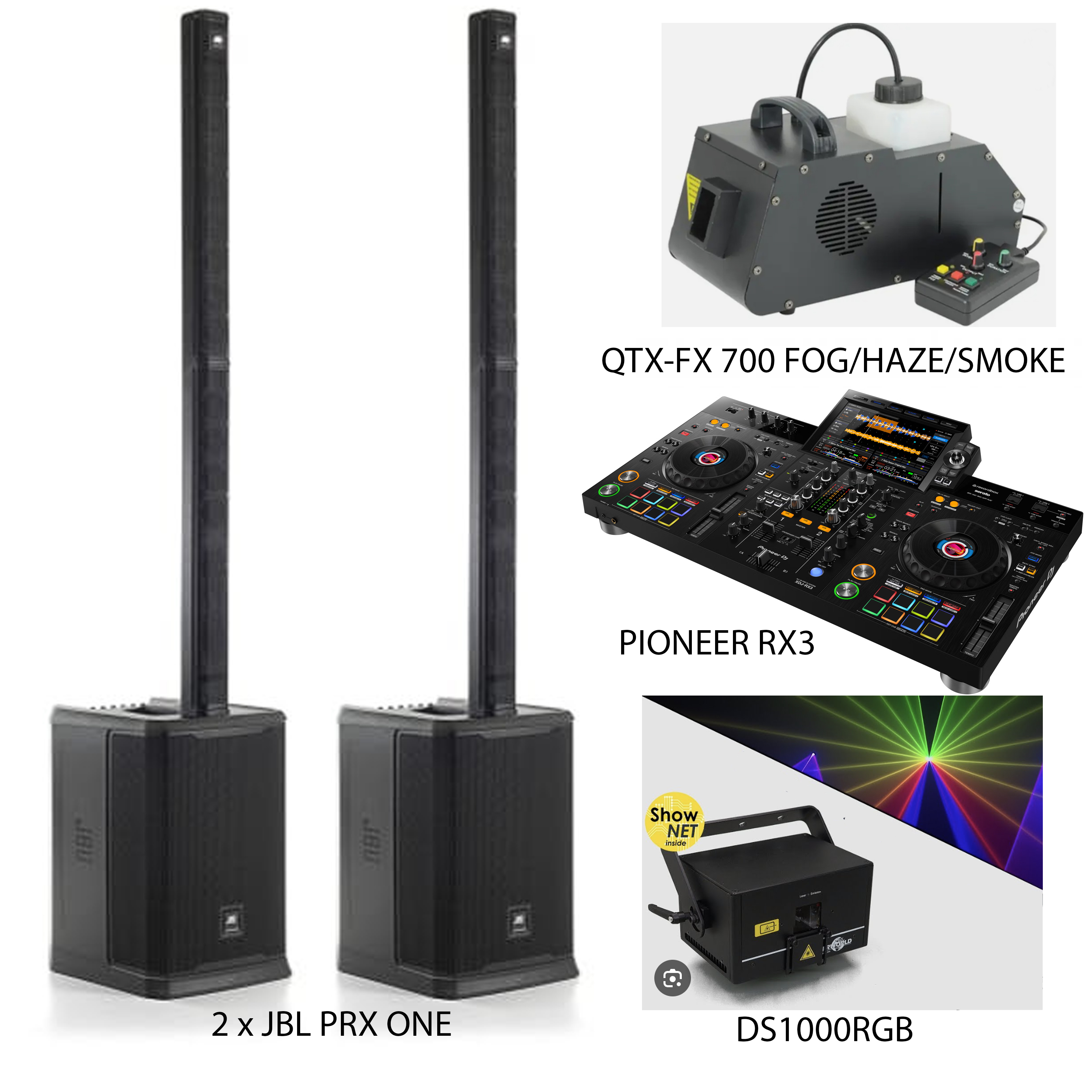 2 x jbl prx one 4000w speakers + qtx-fx 700 fog/haze/smoke machine + laserworld ds1000rgb + pioneer rx3