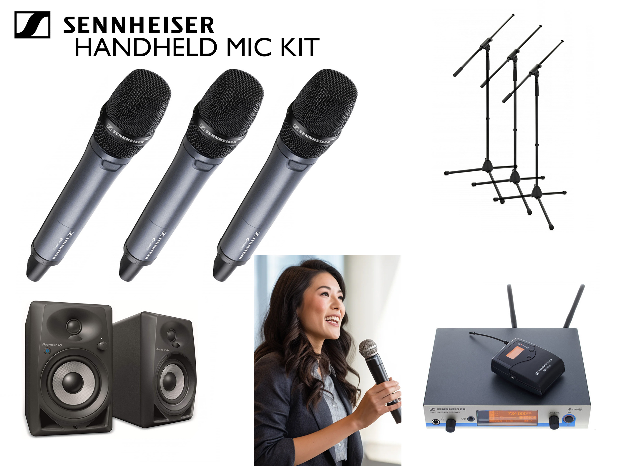 Public speaking kit, sennheiser, hand held wireless mic, speaker, stand, receiver, events, weddings