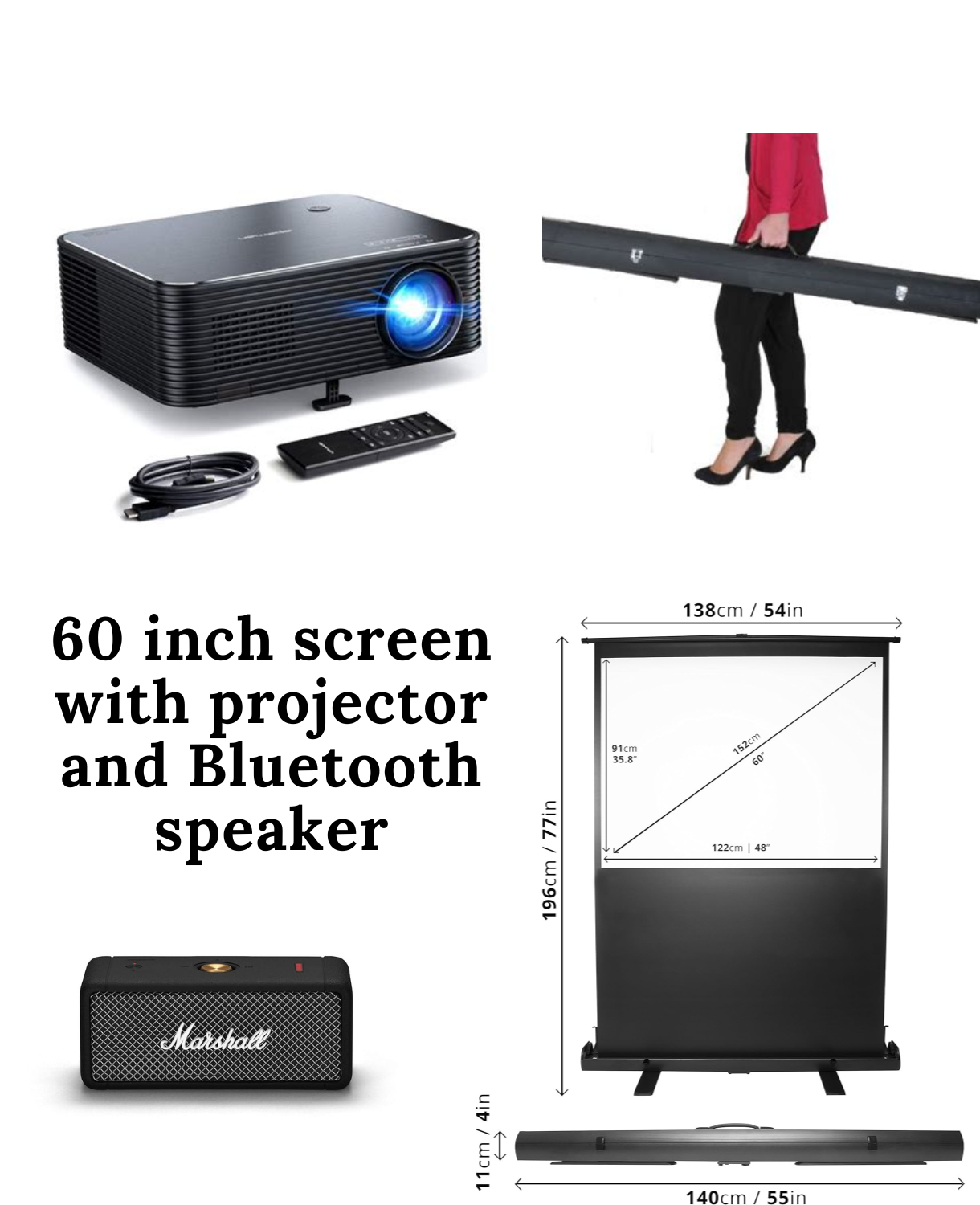 1080p projector 6000 lumens + 60 inch screen +  bluetooth speaker 