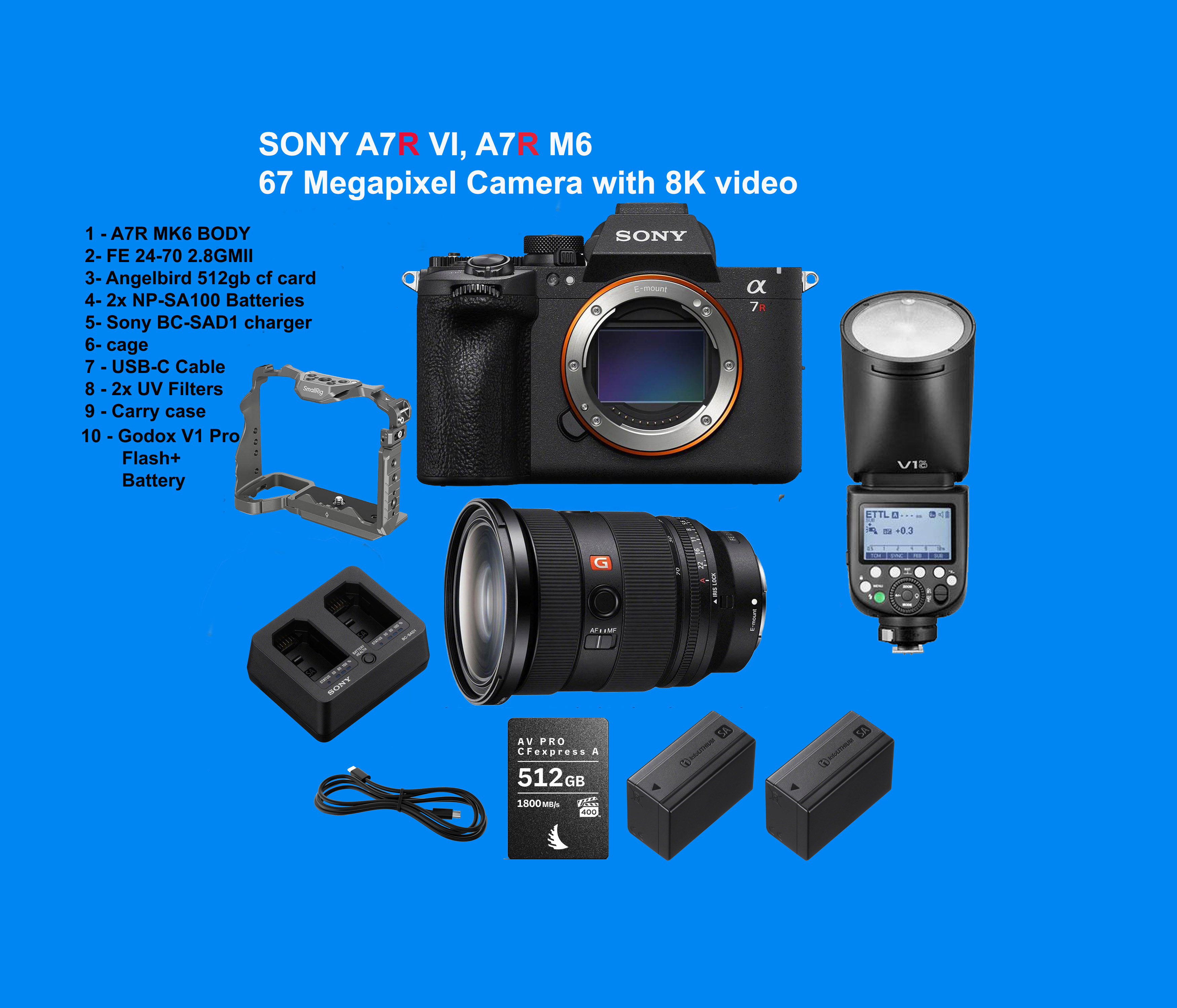 Sony a7r vi, sony a7rvi, sony a7r m6, sony a7rmk6 plus fe 24-70 2.8gmii and godox v1 pro flash