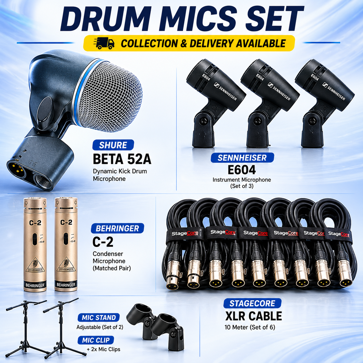 Drum microphones shure beta 52a sennheiser e604 and xlr (mic) cables