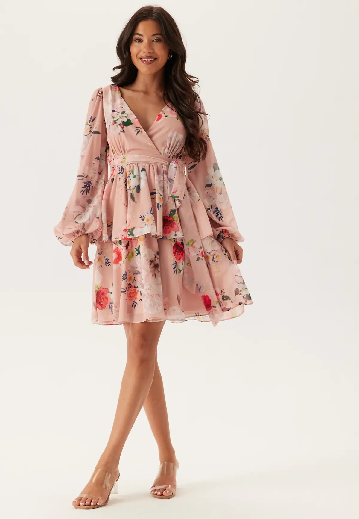 Floral long sleeve tiered skater dress - str l