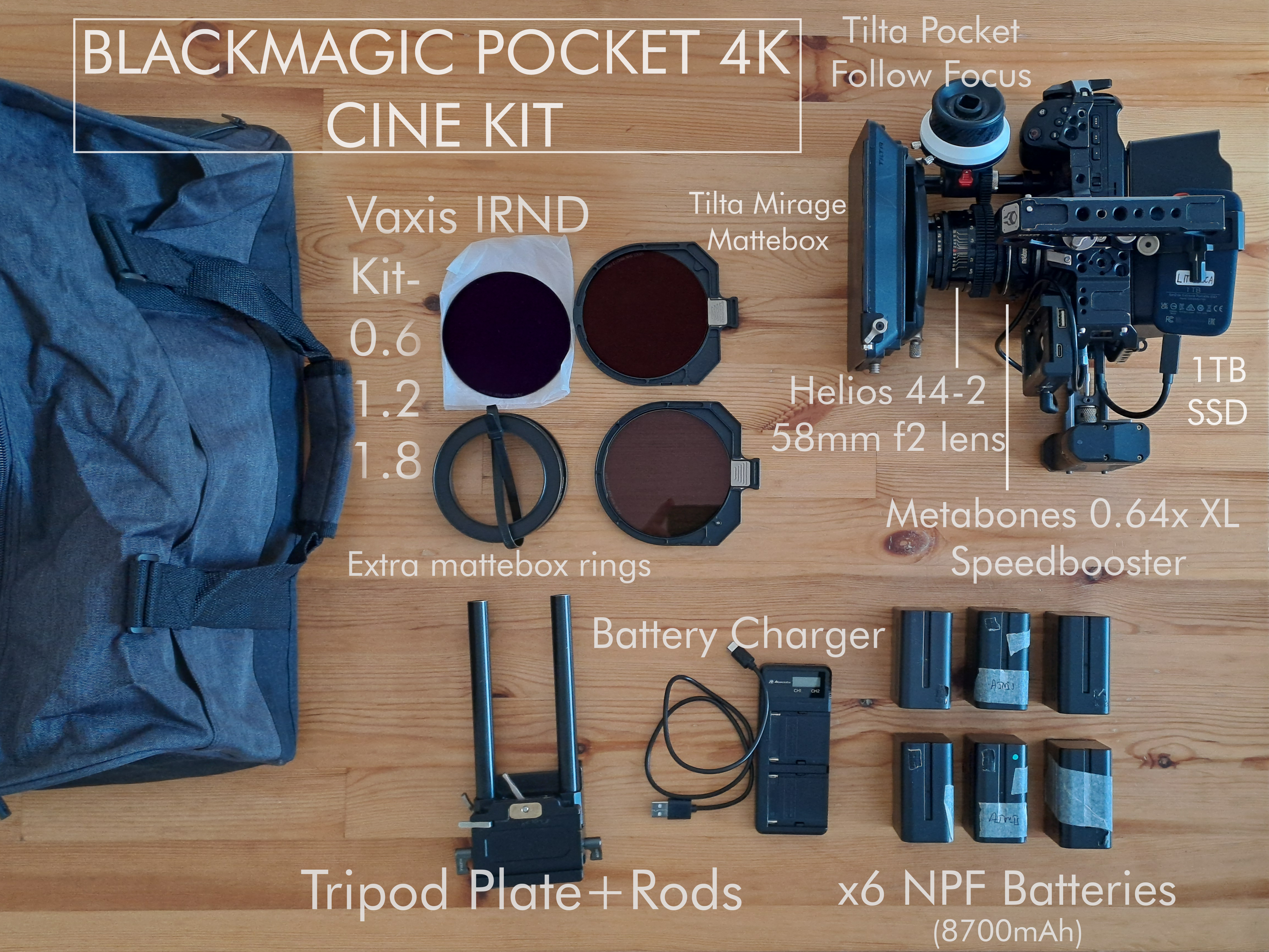 Blackmagic pocket 4k w/ metabones xl 0.64x ef speedbooster + 6 npf batteries full kit