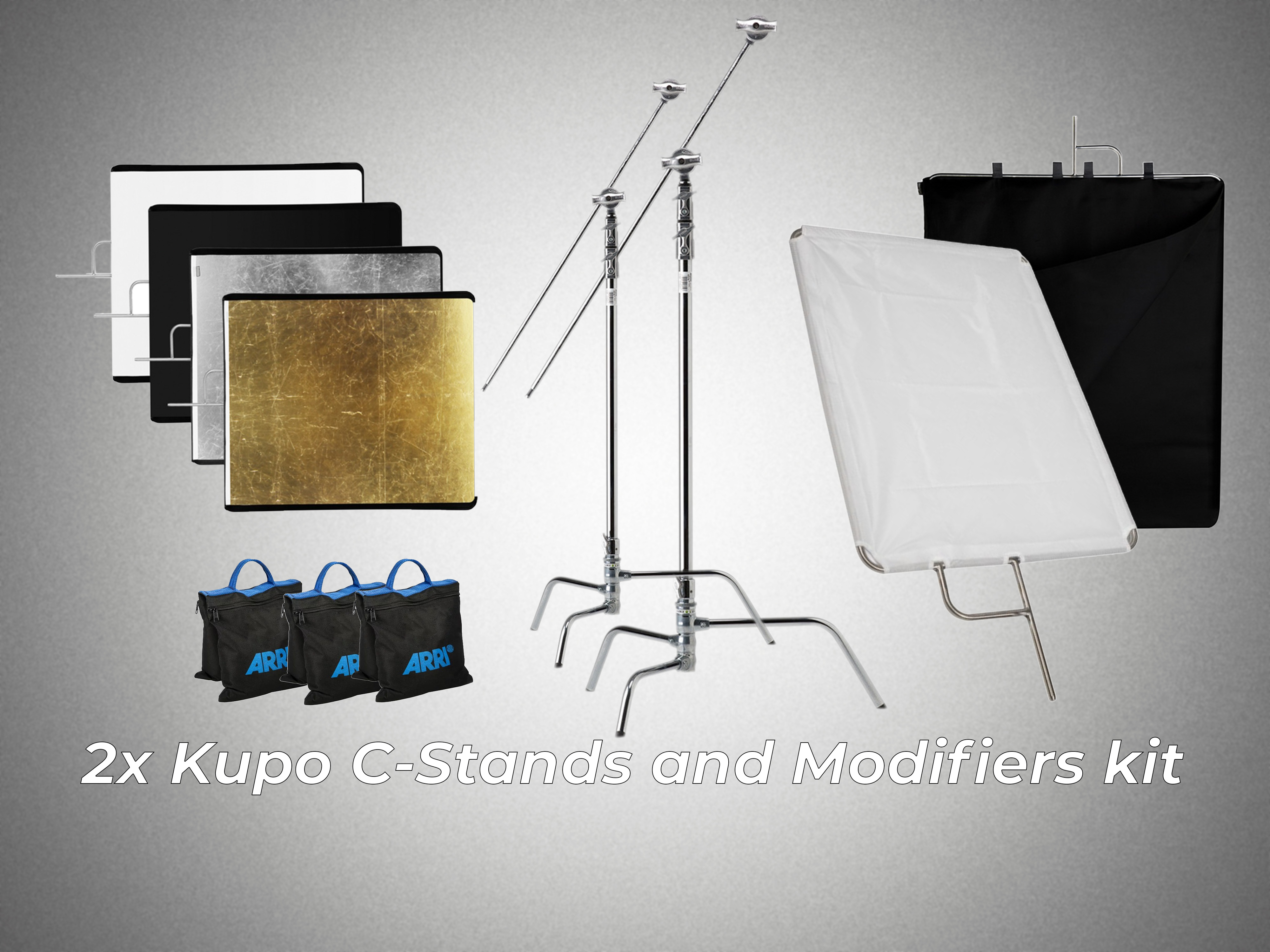 2x c-stand / kupo 40'' / extension arm / 2x 75x90 frame flag