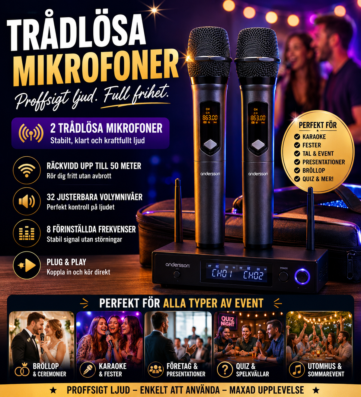  wireless microphones x2 – karaoke, weddings & events | trådlösa mikrofoner – karaoke, bröllop & fest