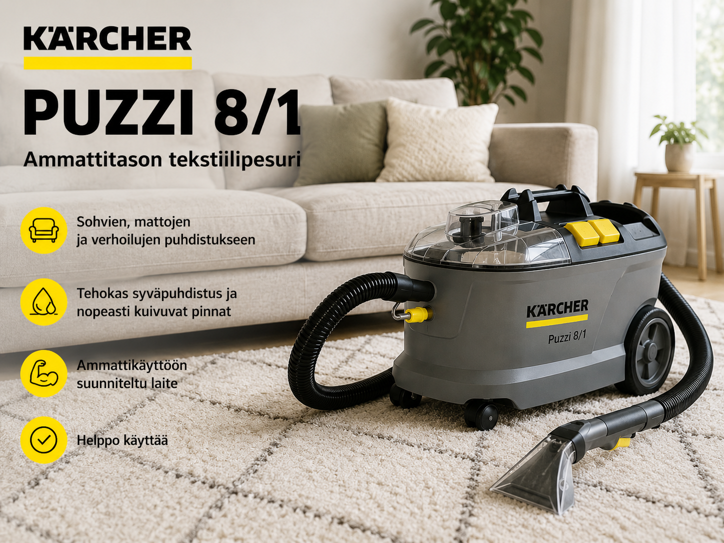Kärcher puzzi 8/1 – ammattitason tekstiilipesuri | sohvat, matot ja auton penkit