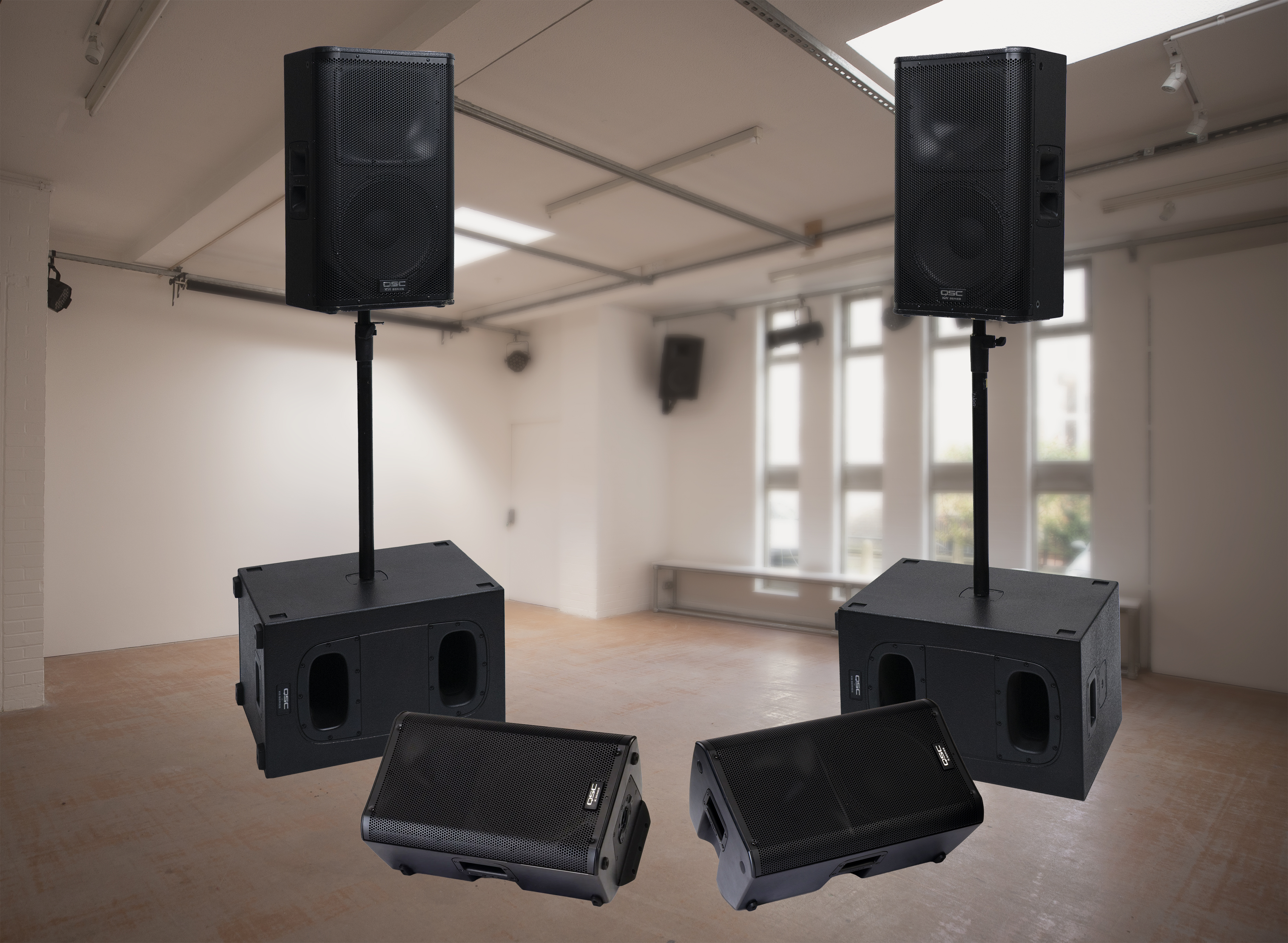 Medium duty sound system plus floor monitors – 2qsc kw122 + ks112 + k10