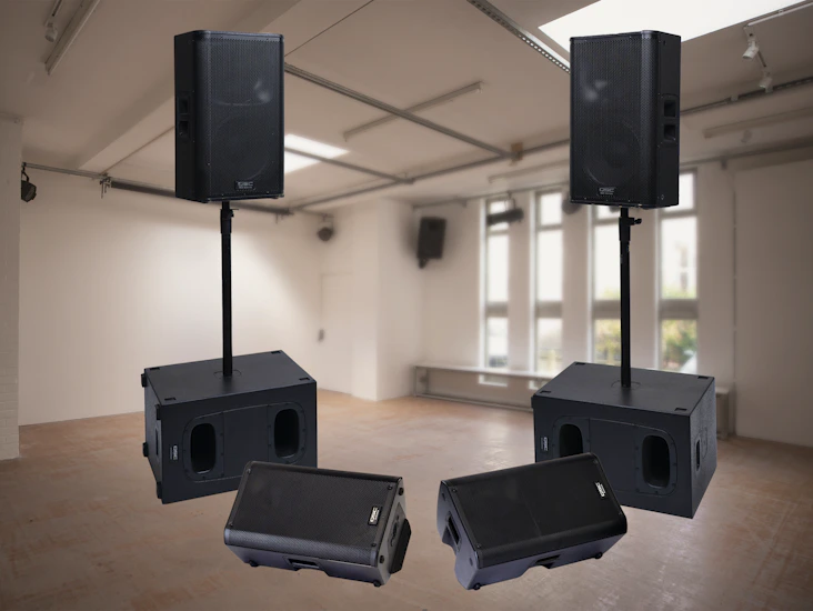Medium duty sound system plus floor monitors – 2qsc kw122 + ks112 + k10