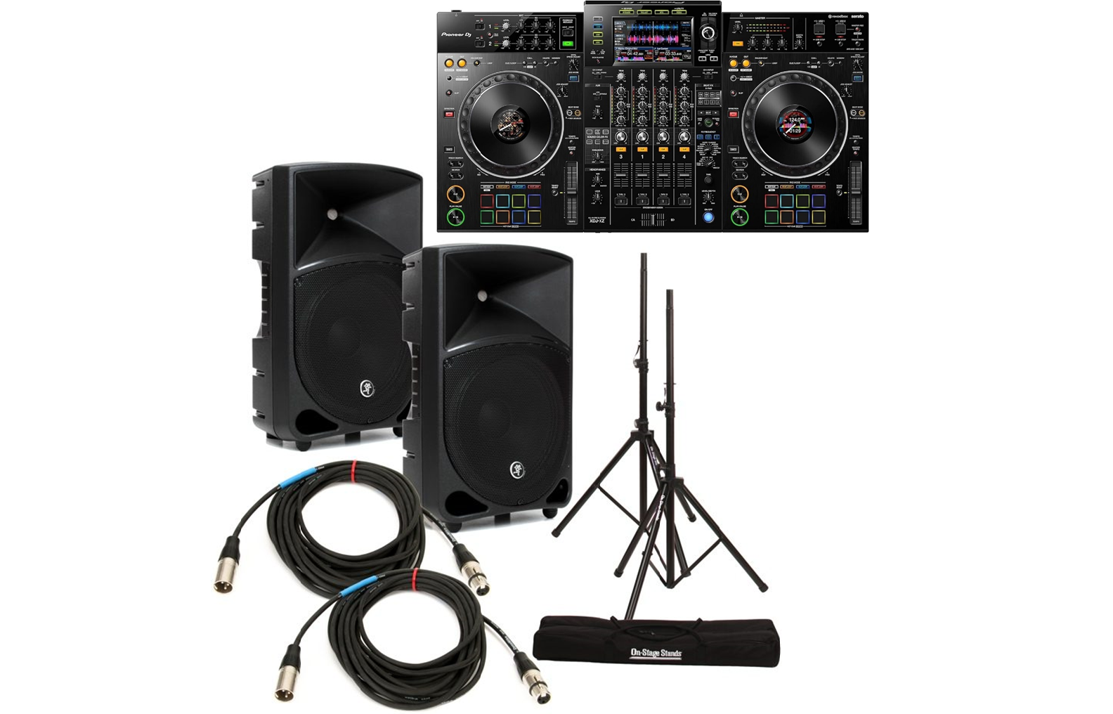 Pioneer xdj xz and 2 mackie thump 15 1000w speakers with stands