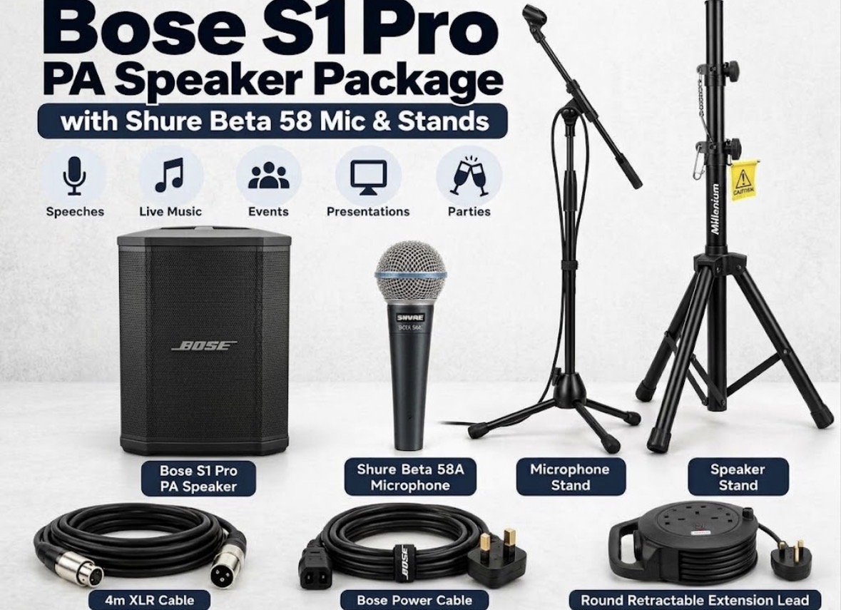 Bose s1 pro pa speaker package with shure beta 58 mic & stands