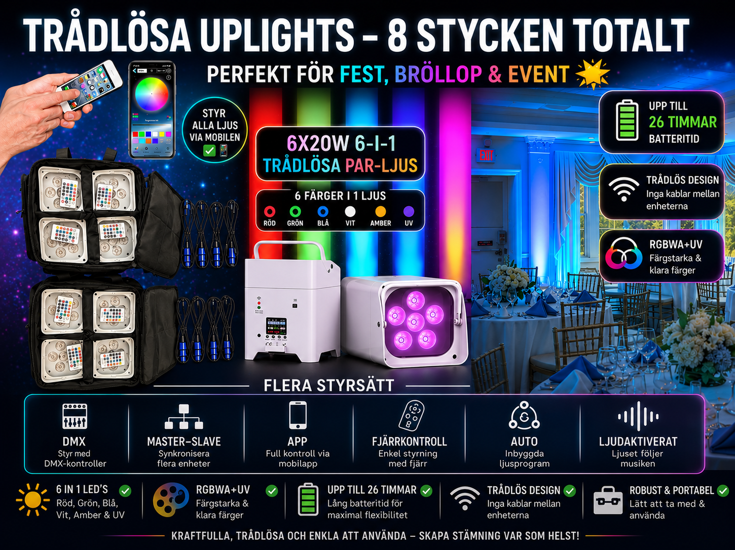 💡✨ 8 sttrådlösa stämingsljus/ uplights / par-ljus / partyljus– 8 stycken rgbwa+uv med batteridrift & appstyrning
