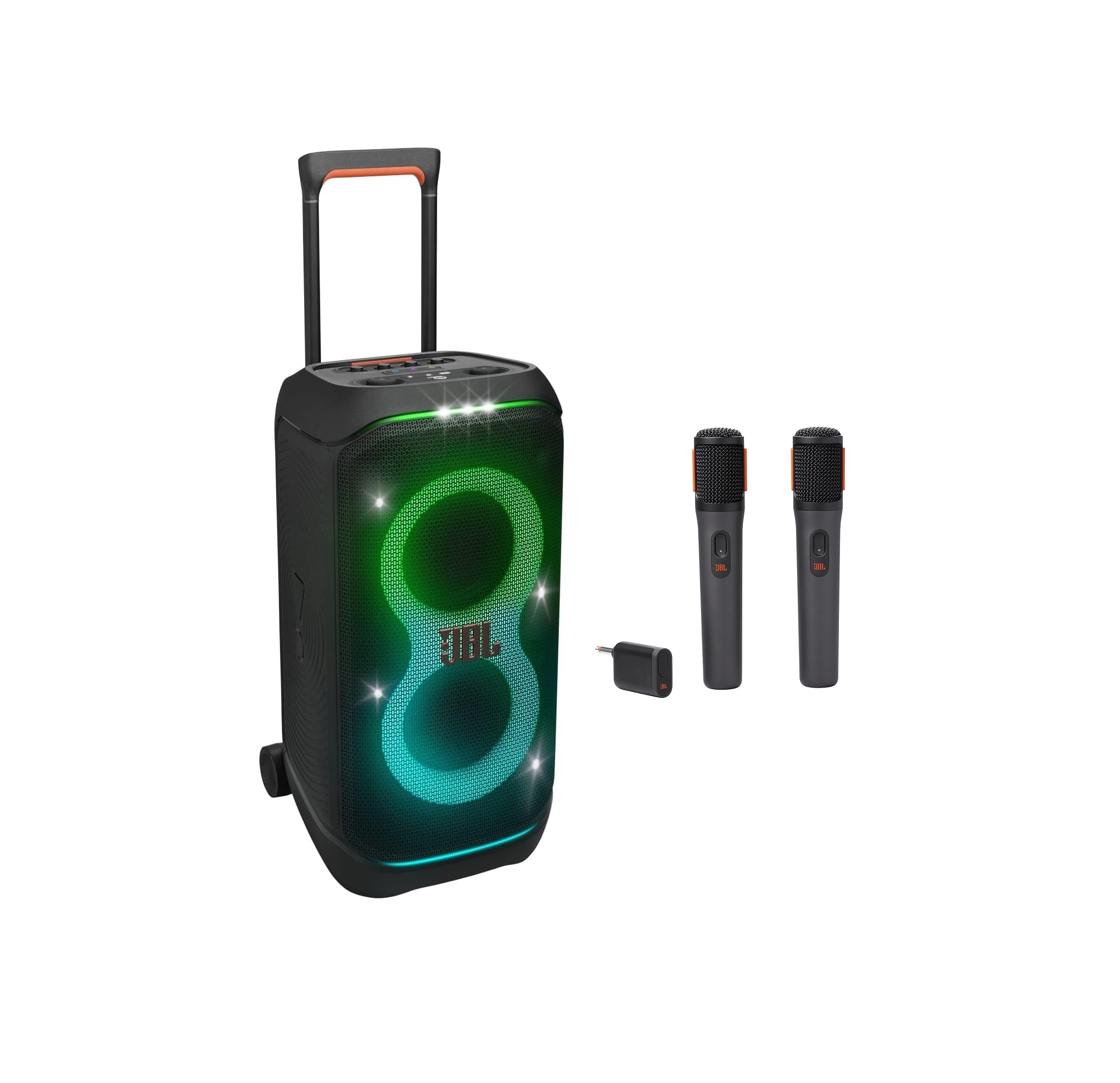 Jbl partybox stage 320 portable bluetooth party speaker with  jbl partybox digital wireless microphones wheels and telescopic handle,