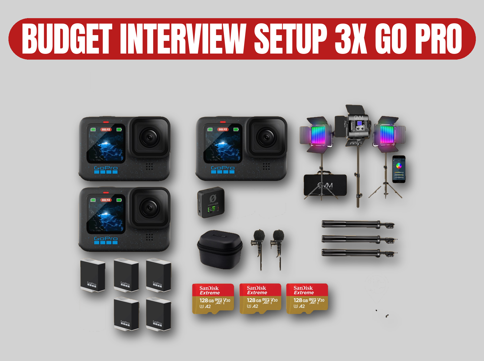 Gopro hero 12 (x3) & rode wireless pro (x2) kit | budget 4k interview setup / rgb led lights / lav mics / 128gb sd cards