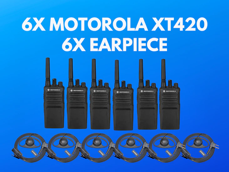 6x motorola xt420 walkie talkie radio + 6x earpieces