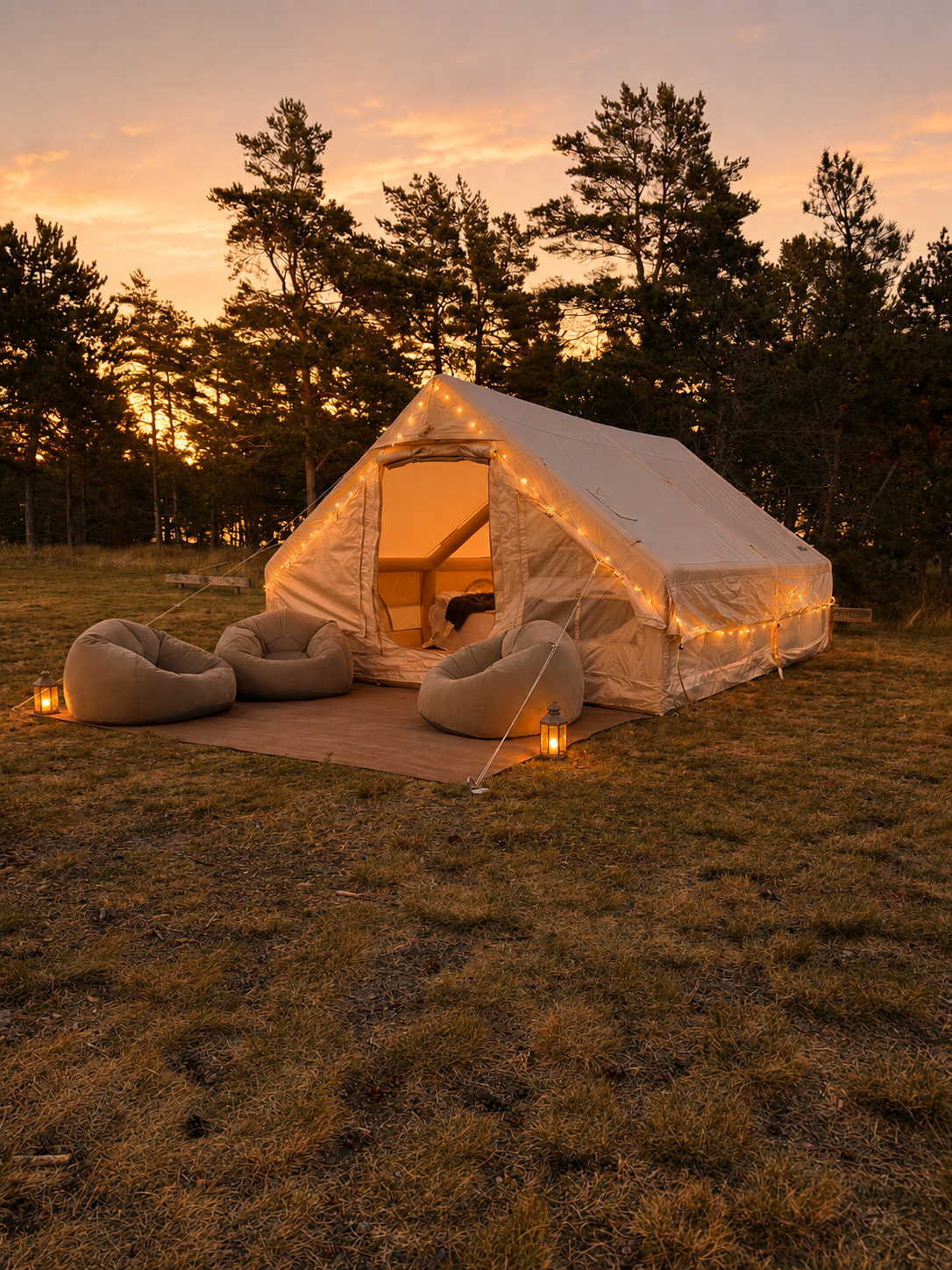 Uppblåsbart glampingtält + 2 dubbelsängar – 4x3m