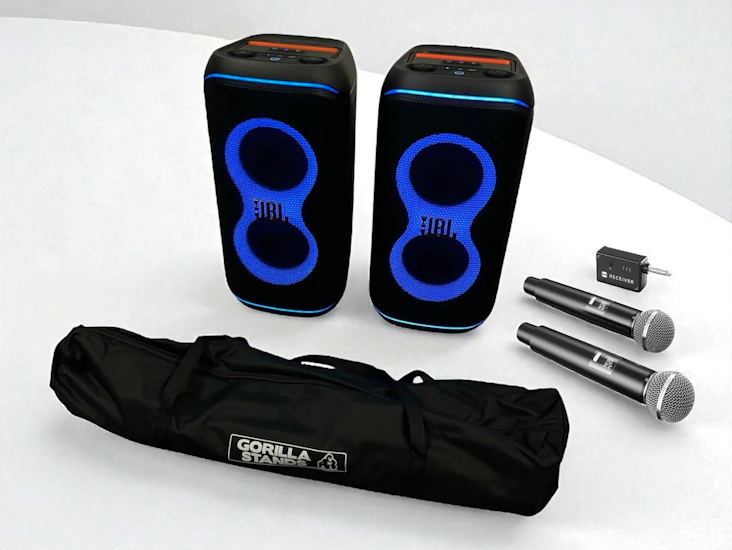 2x jbl 120 partybox club 120 speaker bluetooth wireless portable speakers 2x microphone event party 110 battery