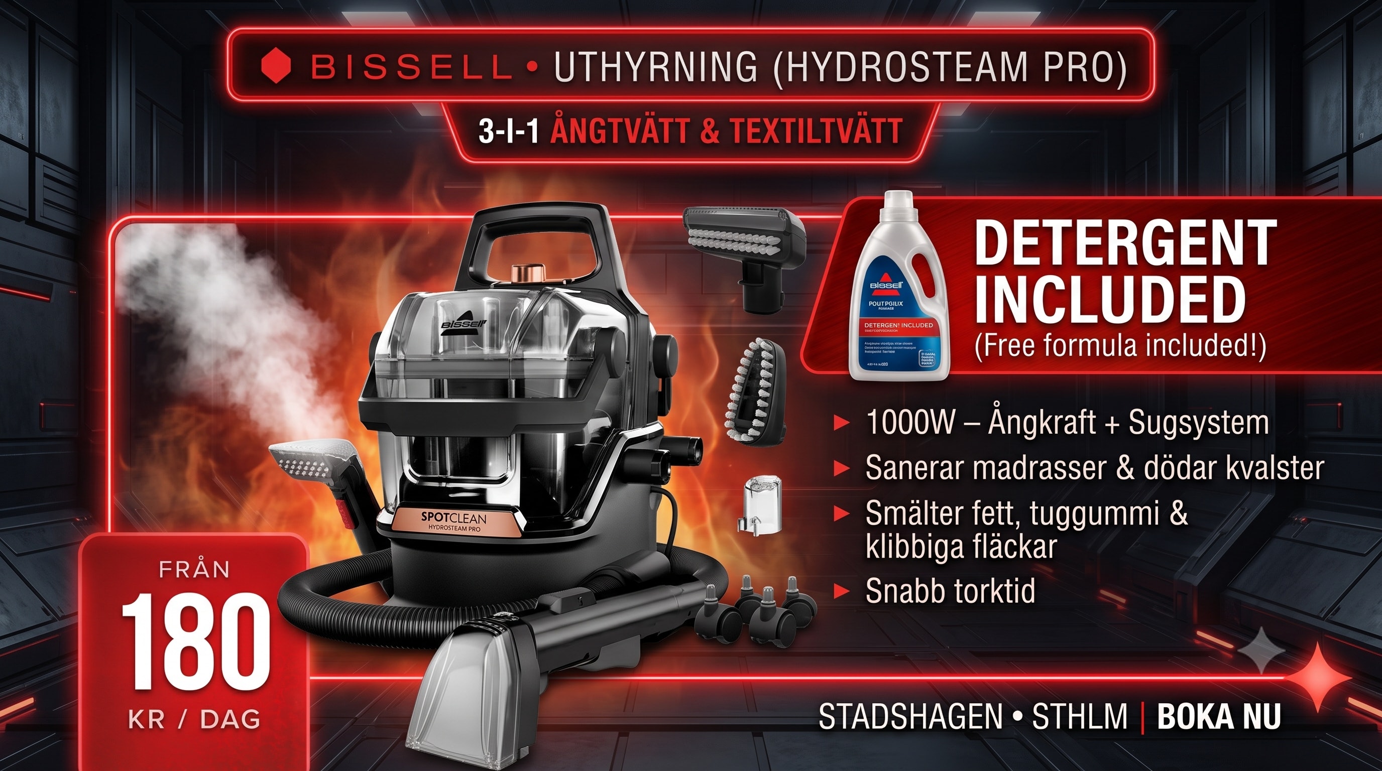 Bissell hydrosteam pro – 3-i-1 ångtvätt & textiltvätt | från 200 kr/dags (medel ingår)