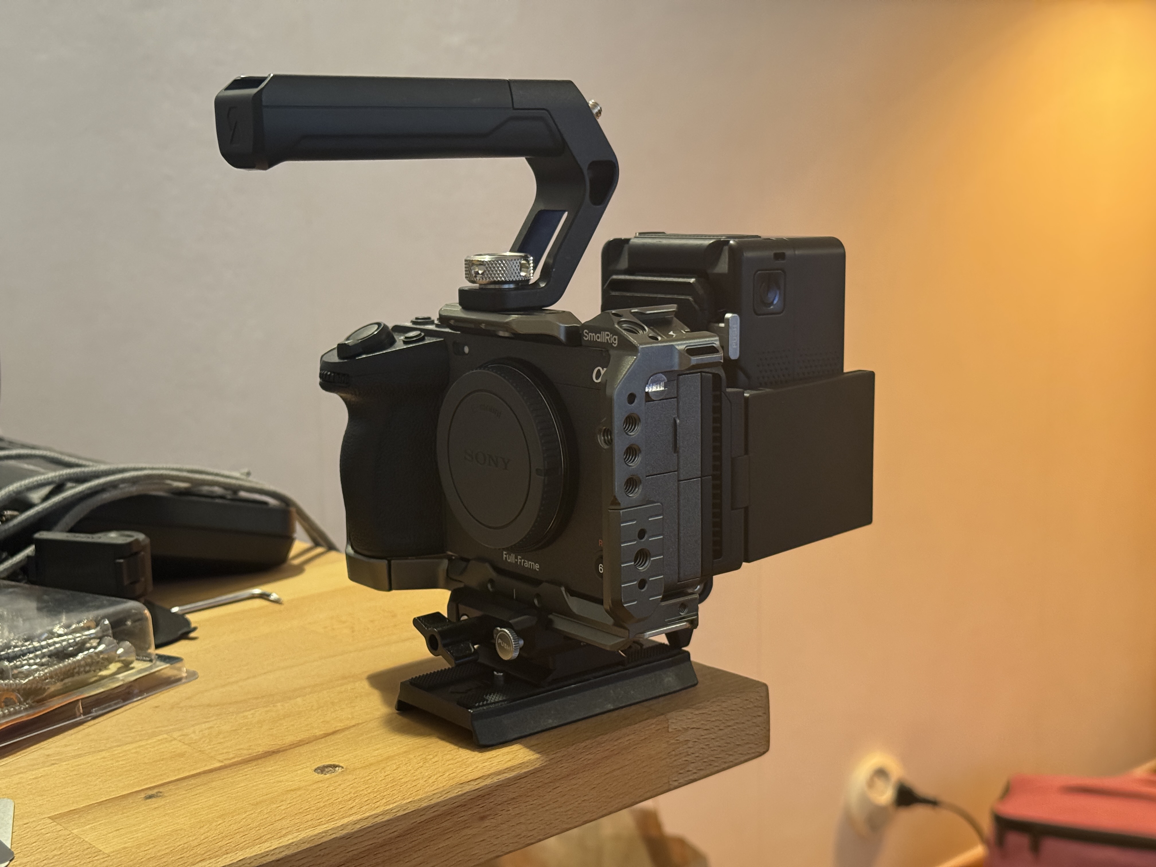 Sony fx3 with v mount battery, memory cards, cage and smallrig video tripod