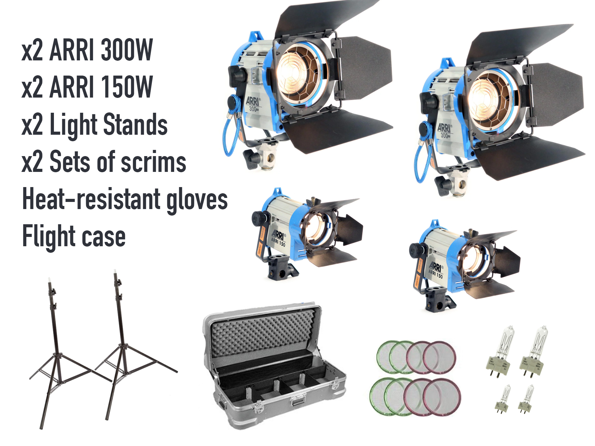 Arri lighting kit x2 300w x2 150w with stands, bulbs, gloves and flight case