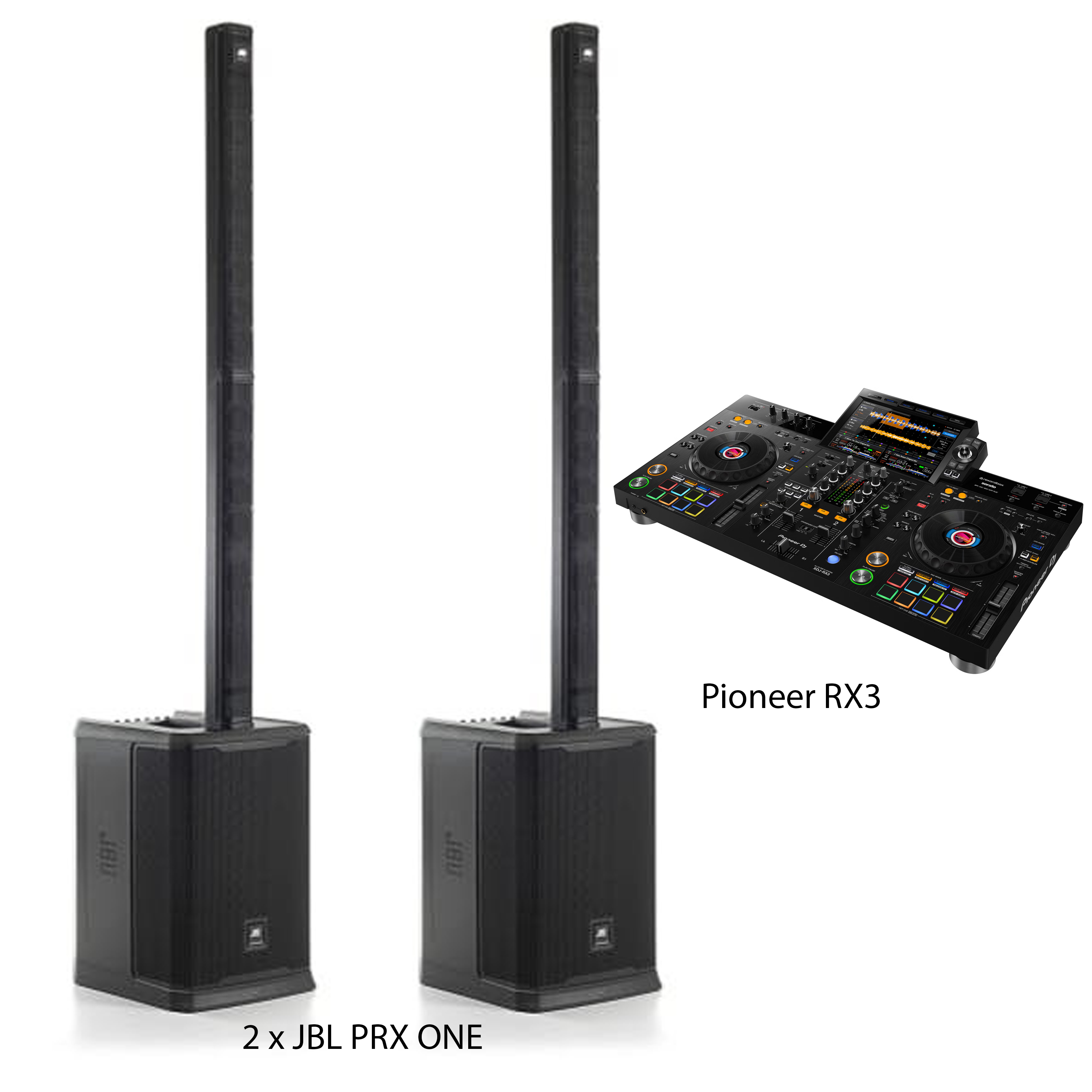 2 x jbl prx one 4000w speakers + pioneer xdj rx3 dj decks + carry case 