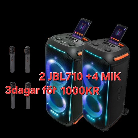 Stora jbl partybox 710–2 st + 4 trådlösa mikrofoner – perfekt för student, bröllop & karaoke 🎤🎶