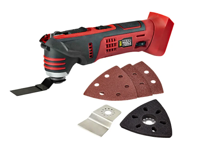 Multiverktyg med slipsula, slippapper, sågblad och skrapa