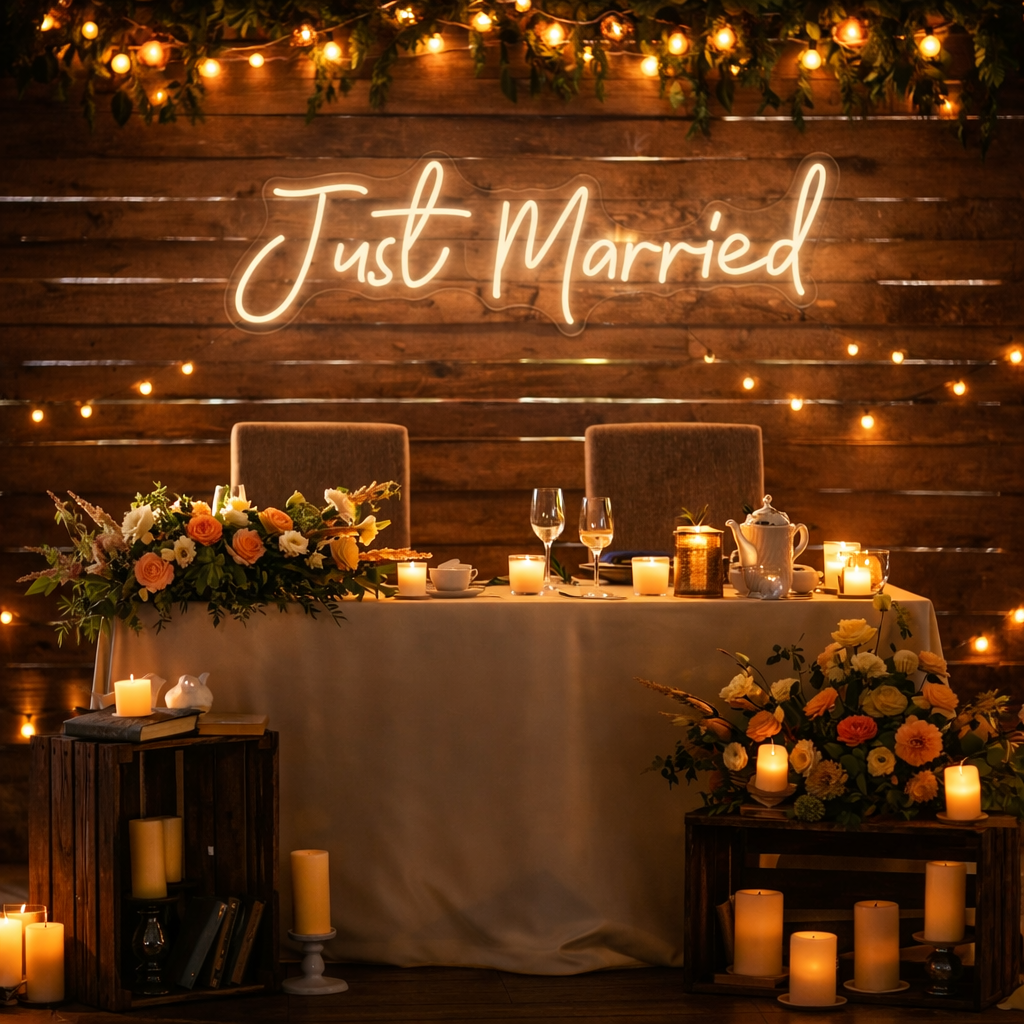Bröllop, neonskylt just married