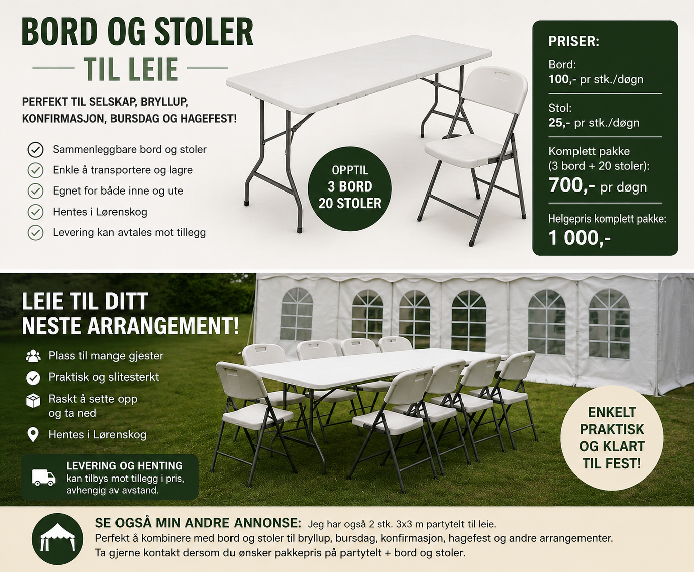 3 bord + 20 stoler til fest og selskap