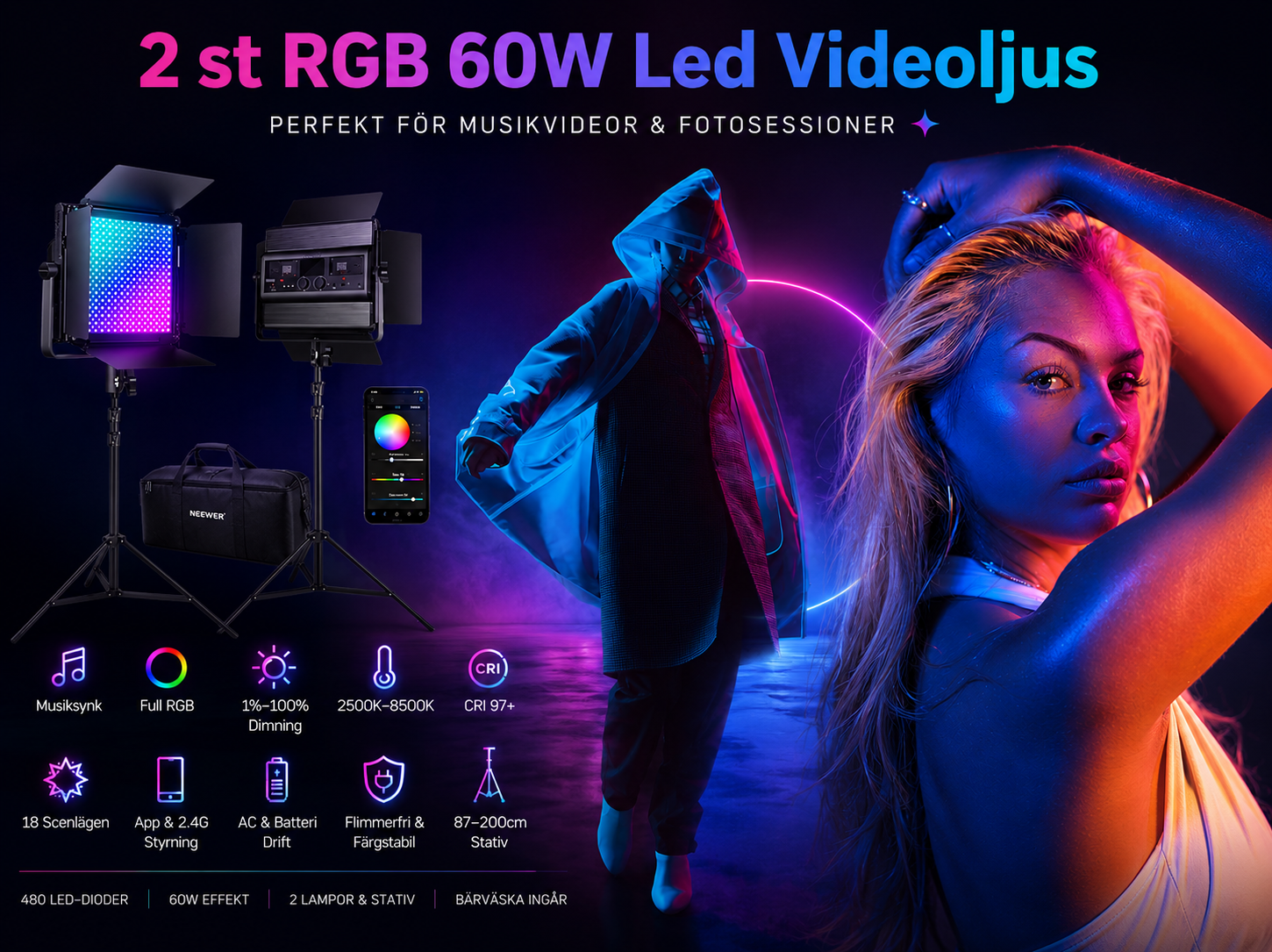 🎨📸 professionellt rgb studioljuspaket – 2× 60w led-paneler med stativ & väska