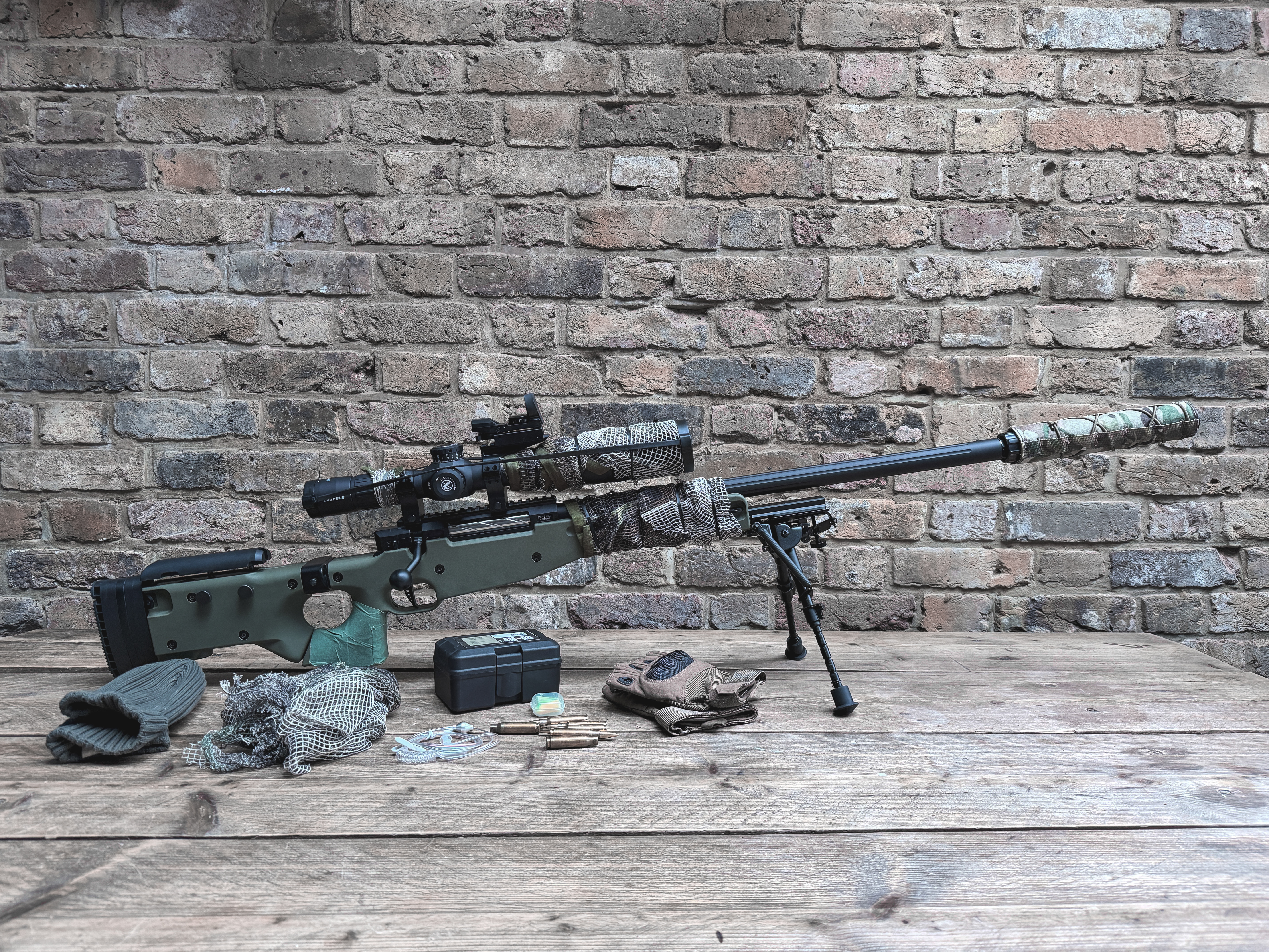 Prop sniper rifle w ammo, gun, scope, leupold, suppressor, military firearm 