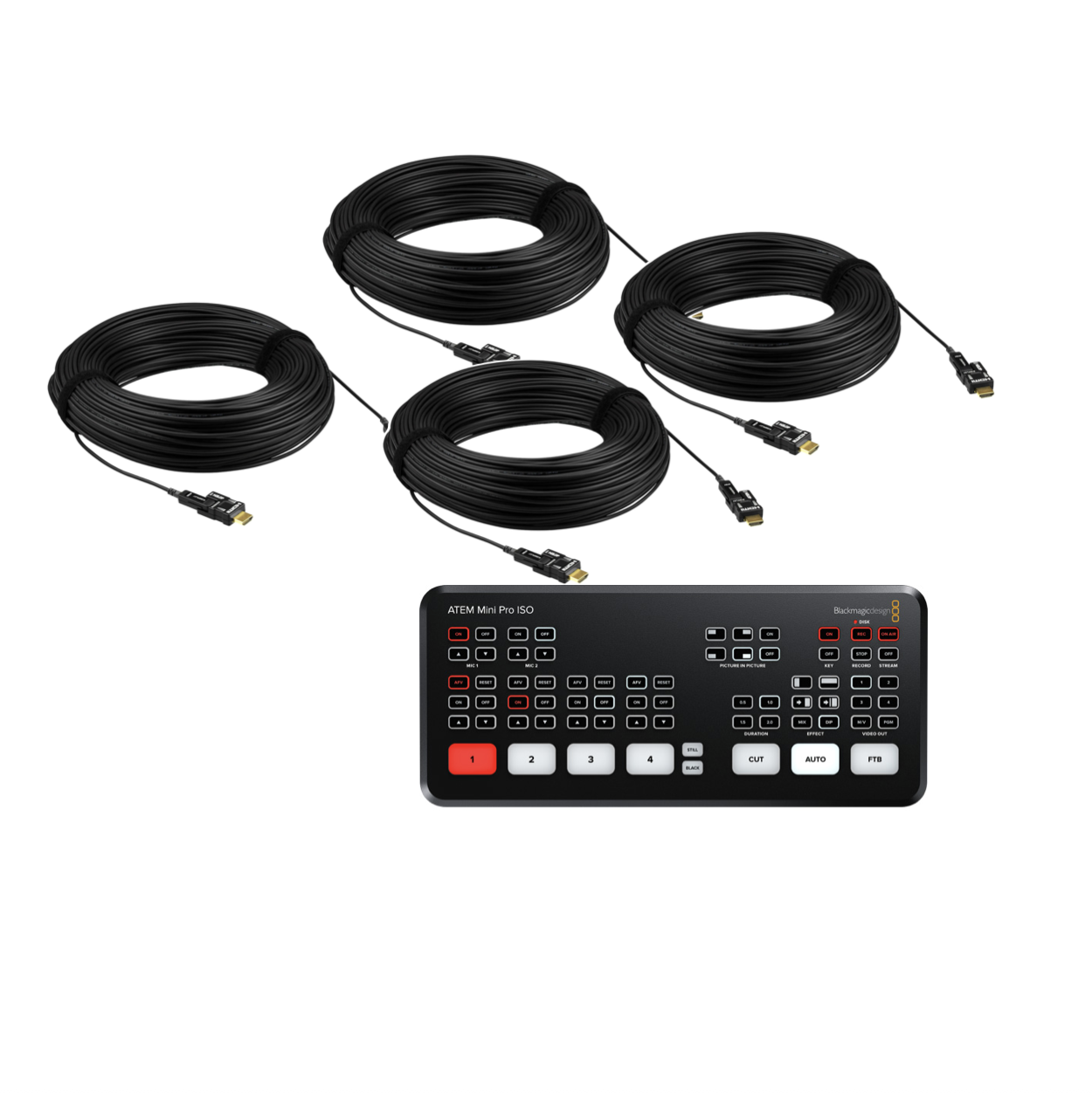 Atem mini pro iso + 4x 20m hdmi cables ( 4 channel video switcher )