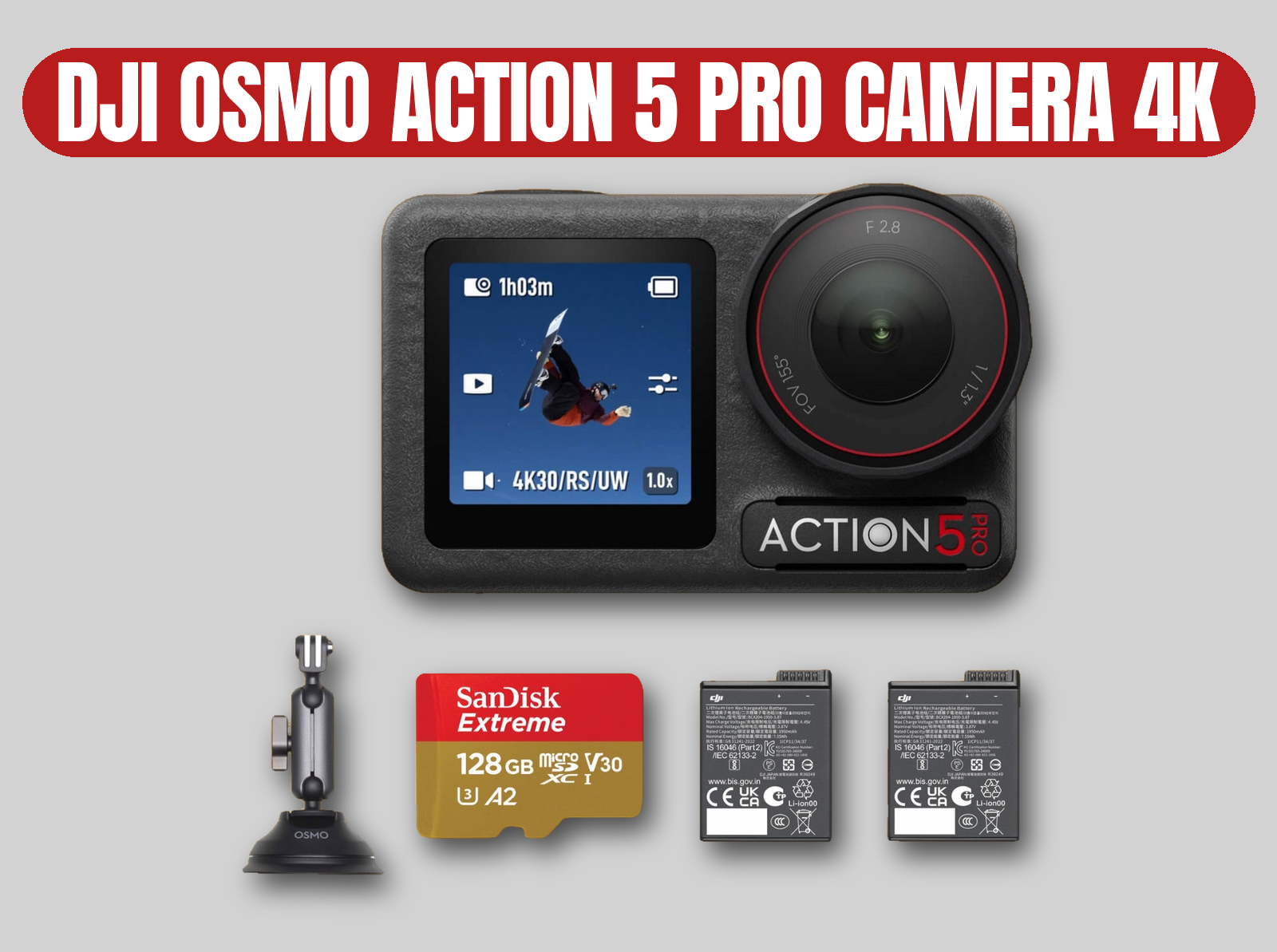 Dji osmo action 5 pro camera 4k | suction mount / 128gb card / batteries (gopro hero 13 alternative)