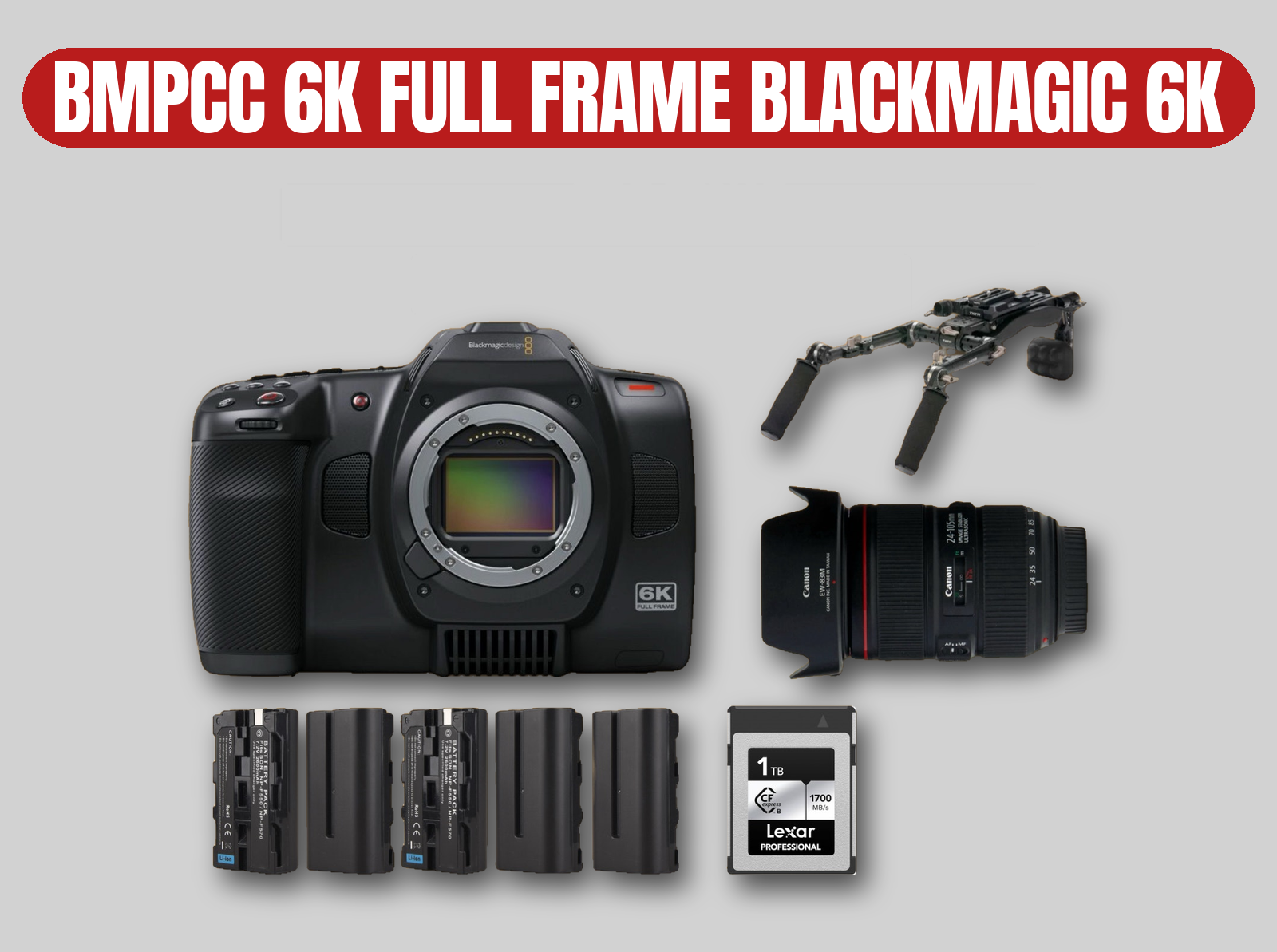 Blackmagic pocket cinema camera 6k full frame | bmpcc 6k | canon 24-105mm f4 lens | 1tb ssd | tilta shoulder rig | batteries