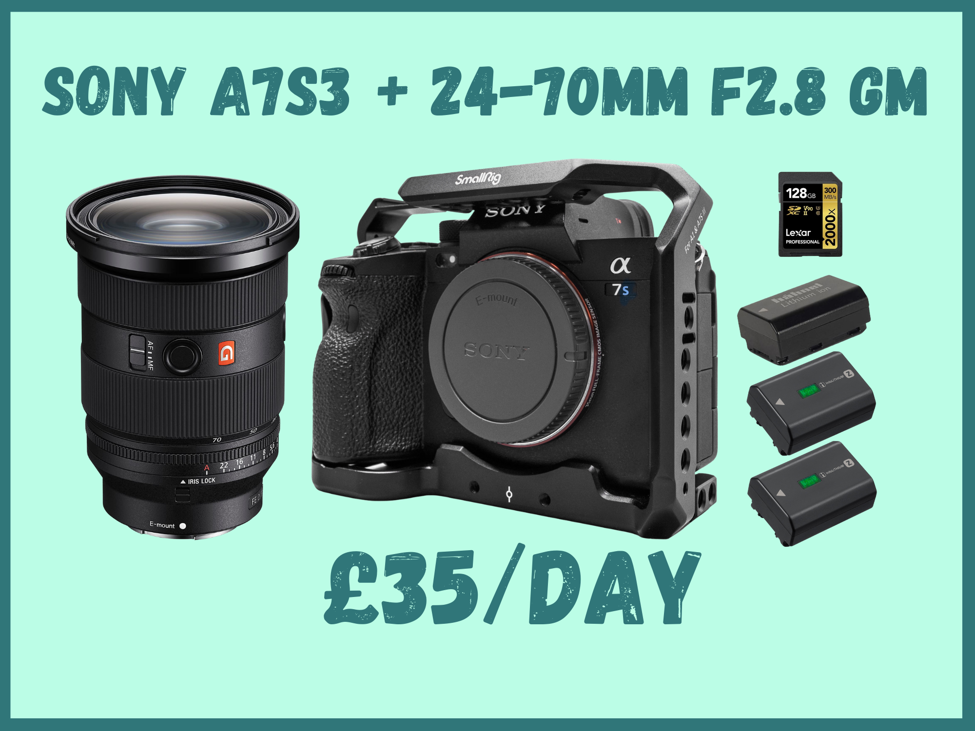 Sony a7s iii, sony a7s3 + 24-70mm f2.8 gm lens + 128gb sd