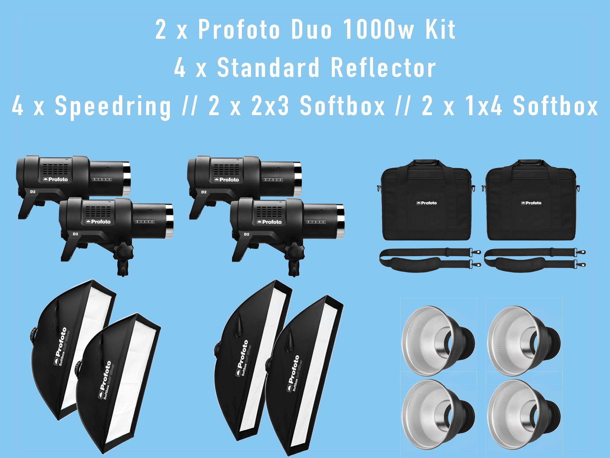 2 x profoto d2 duo 1000w kit + standard reflector + pro air remote ttl-f  (fuji)