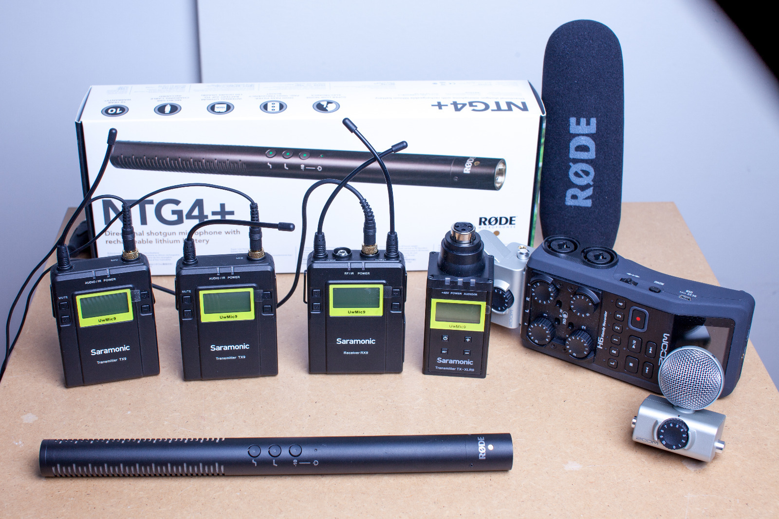 Lydpakke: 2 trådløse mygger, trådløs xlr, kanon + opptaker